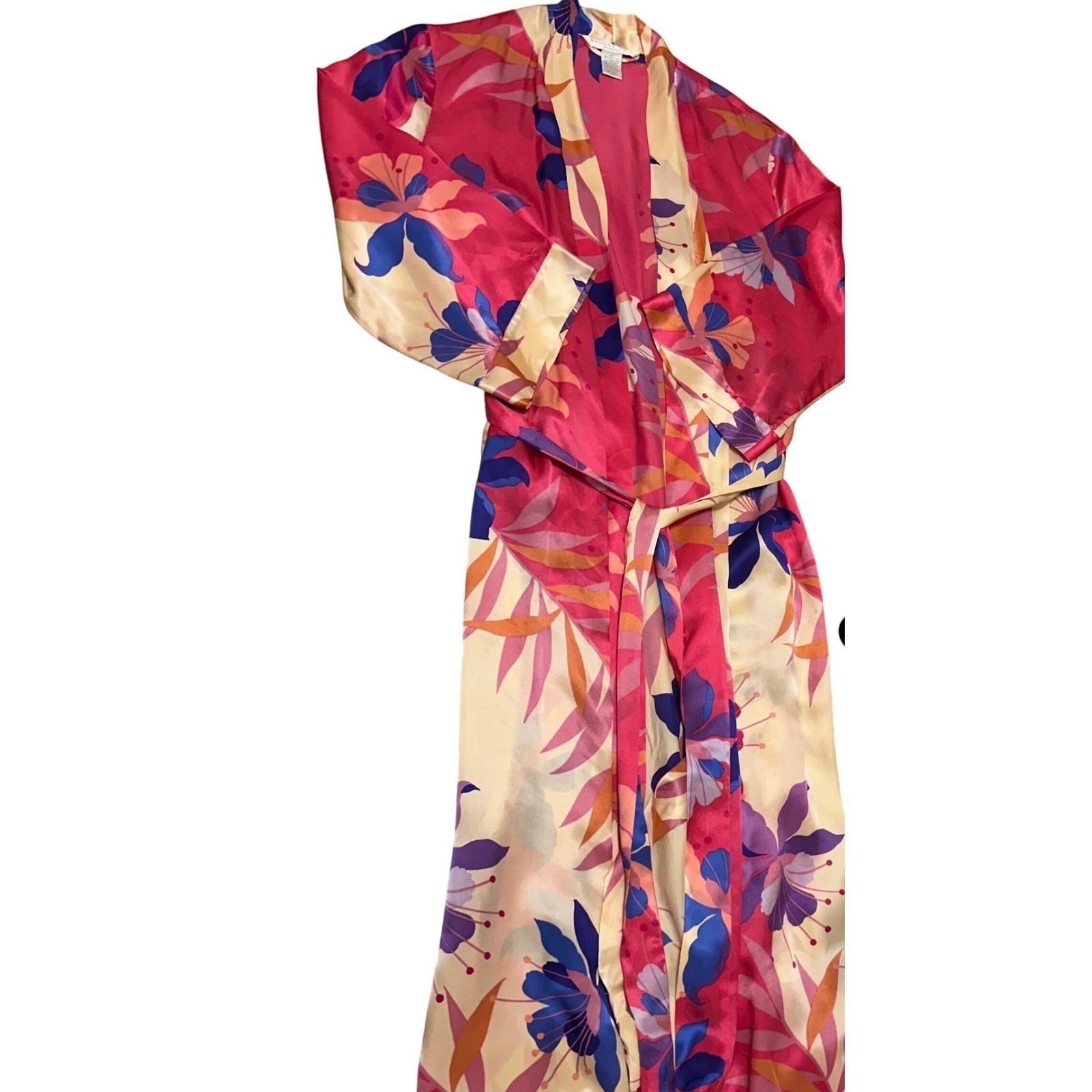 August Silk Intimates Pink Floral 100% Silk Vintage Long Wrap Robe XL Tropical
