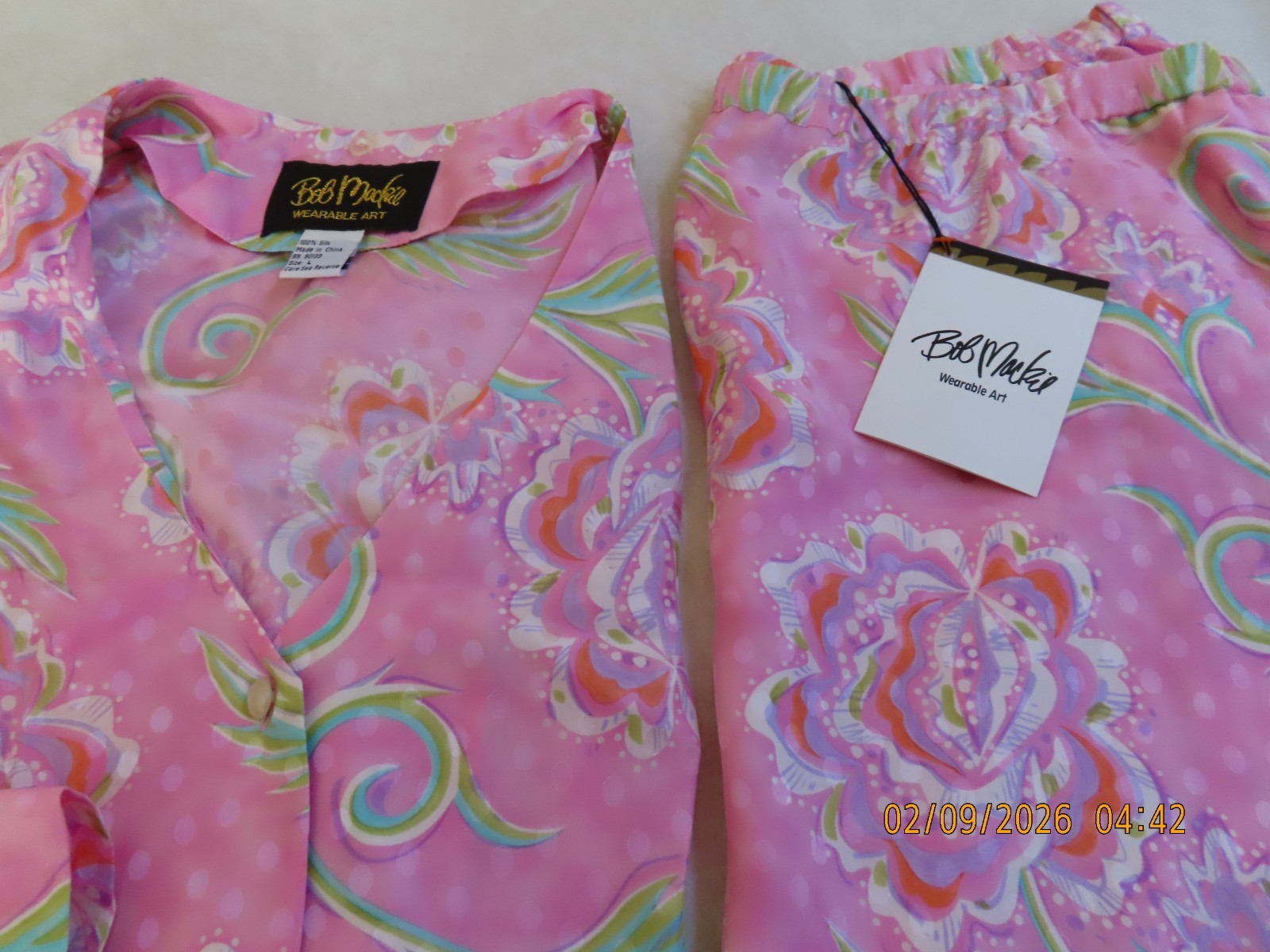 Bob Mackie Silk 2-Pc Set Blouse & Long Skirt- Pink Print- Vintage-Large