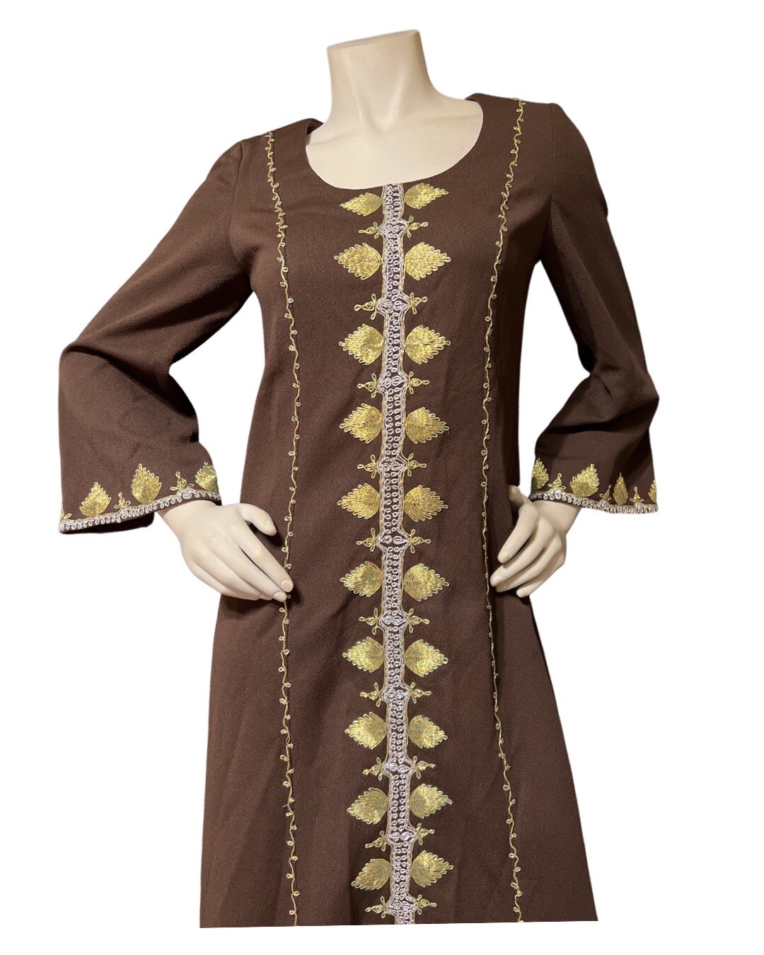 Vintage 1970s Moroccan Kaftan Brown + Gold Embroidered Vintage Caftan Tunic S/M