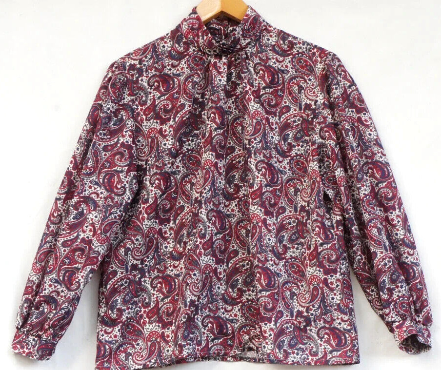 Vintage 80s Paisley Print High Collar Puff Sleeve Blouse Retro Secretary Bohemia