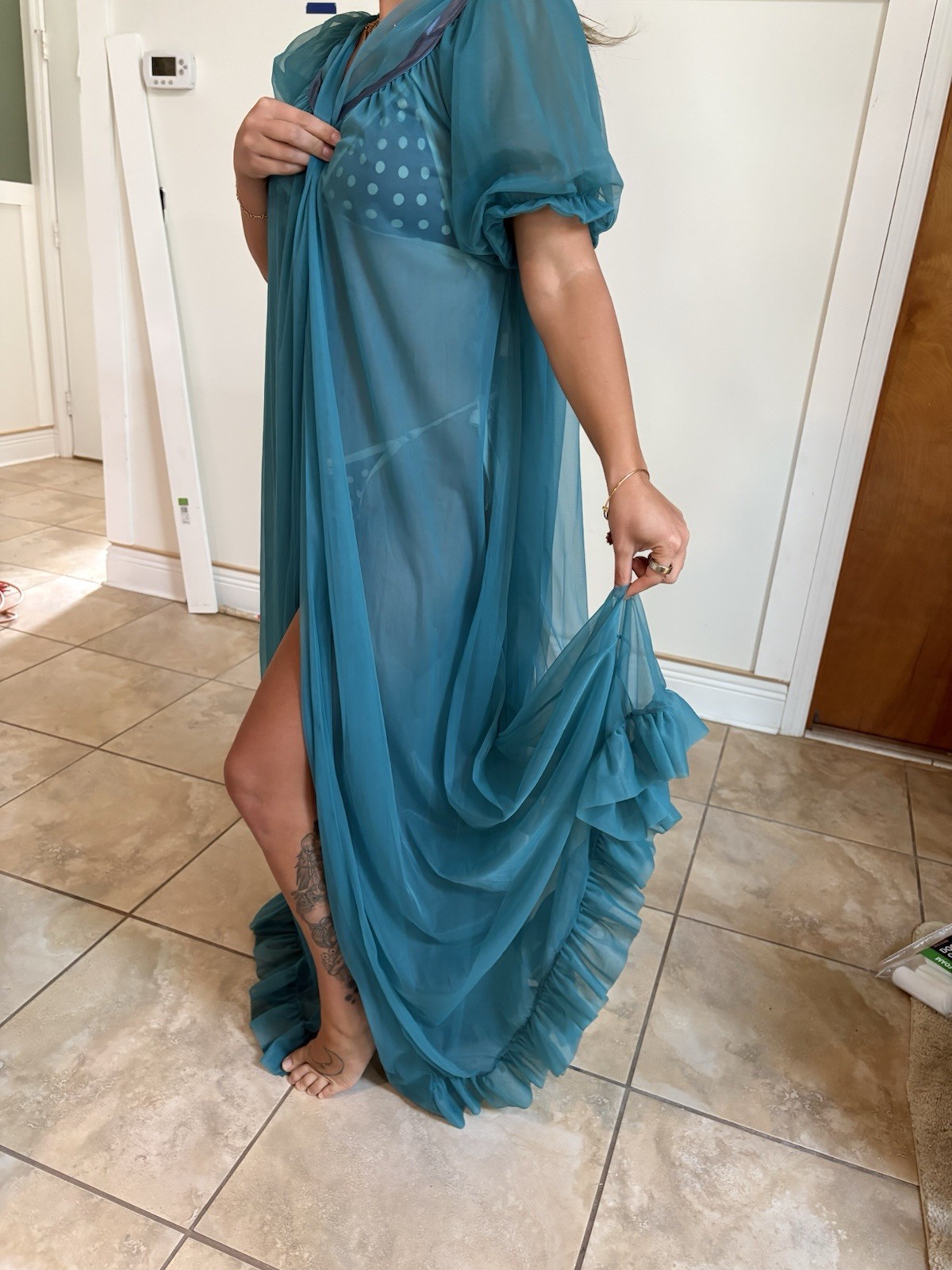 Vtg 60s Jenelle Teal Sheer Double Chiffon Peignoir Hollywood Glam Robe L/XL
