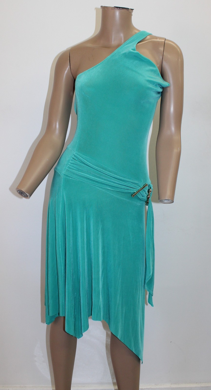 Cache Aqua Halter Dress w Gold Buckle Accents & Ruched Detailing Size M