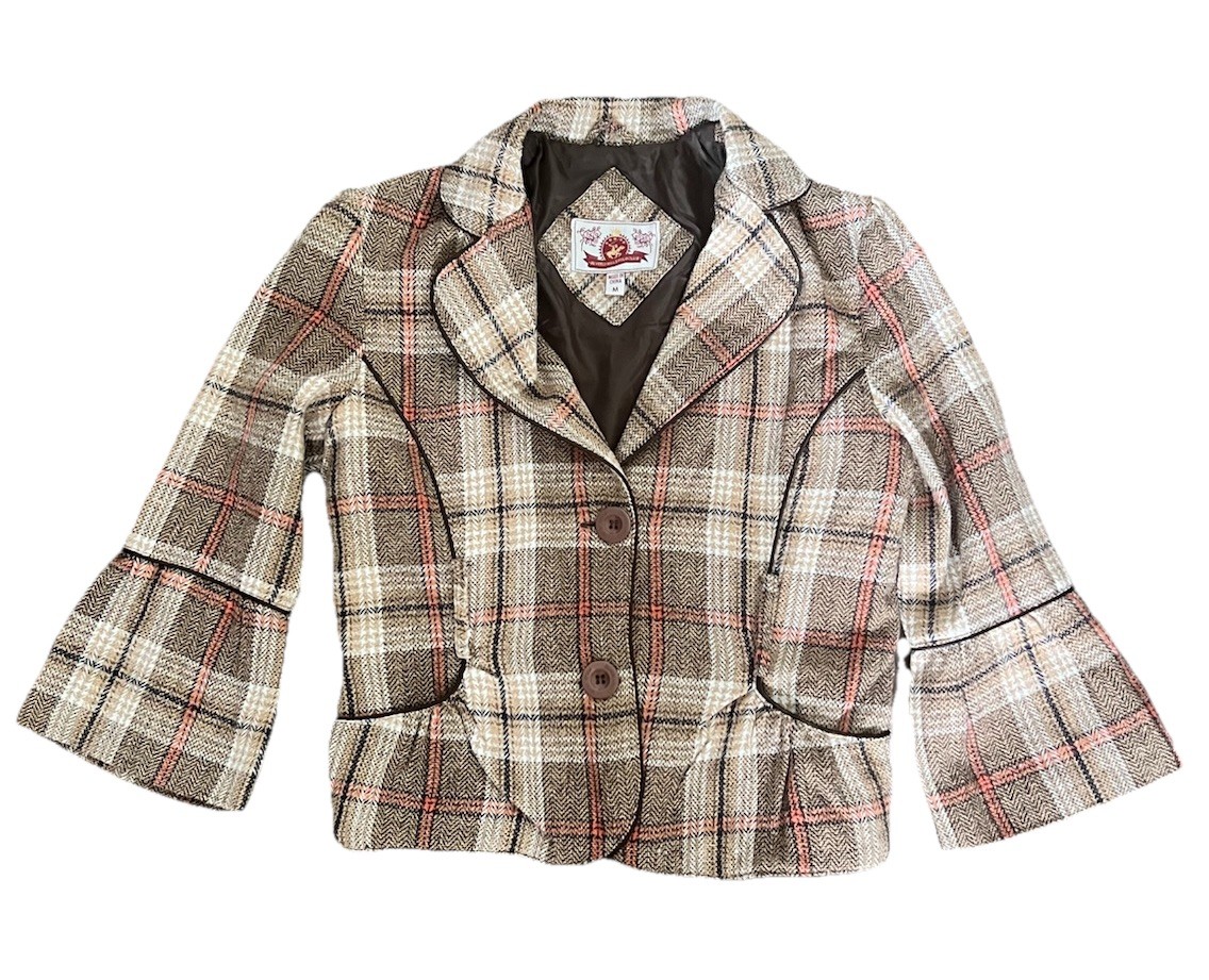 VTG Y2K Pink Brown Wool Plaid Blazer Mean Girls Clueless Academia Sz M Tweed