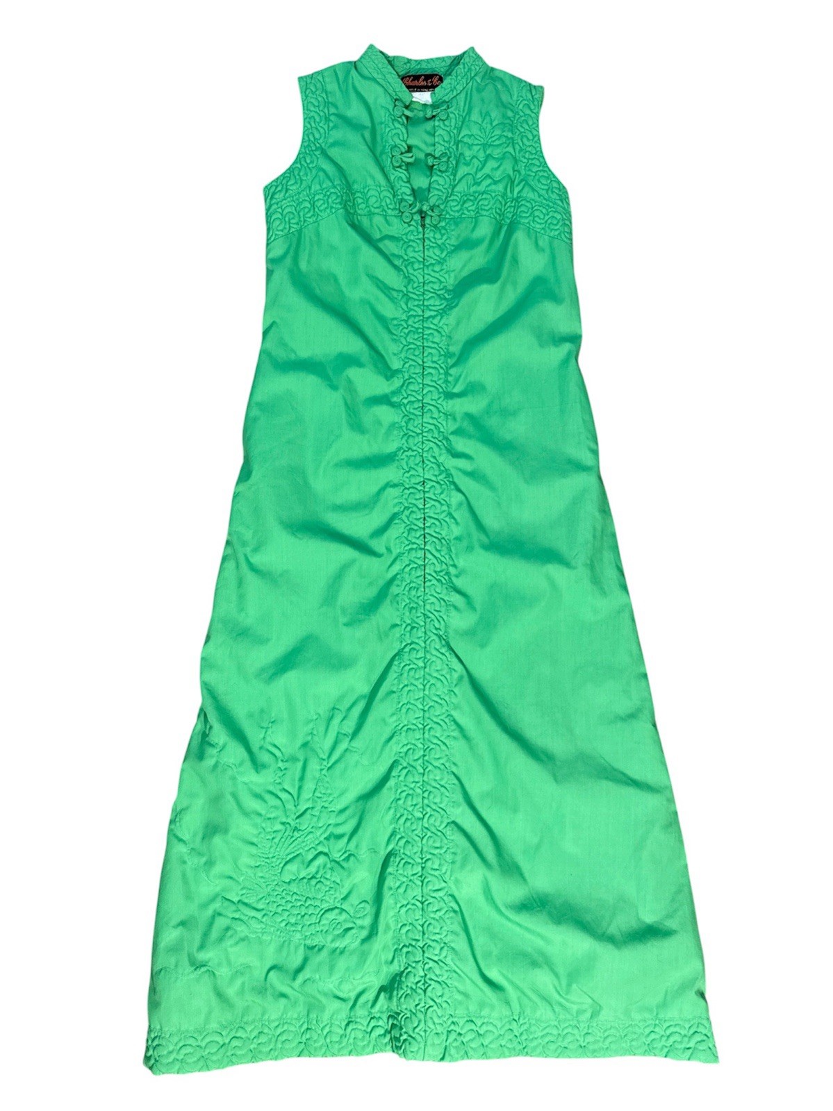 Vintage 1960s Charles & Co. Green Maxi Dress Hong Kong Boho Chic Womens Small