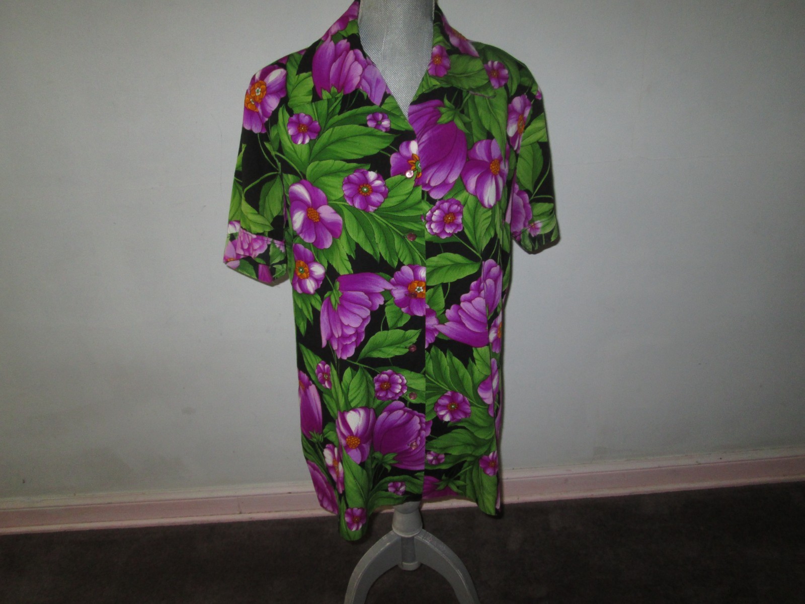 Vtg 70s PYKETTES Short Sleeve Floral Barkcloth? Button Up Hawaiian Shirt ~ L/XL