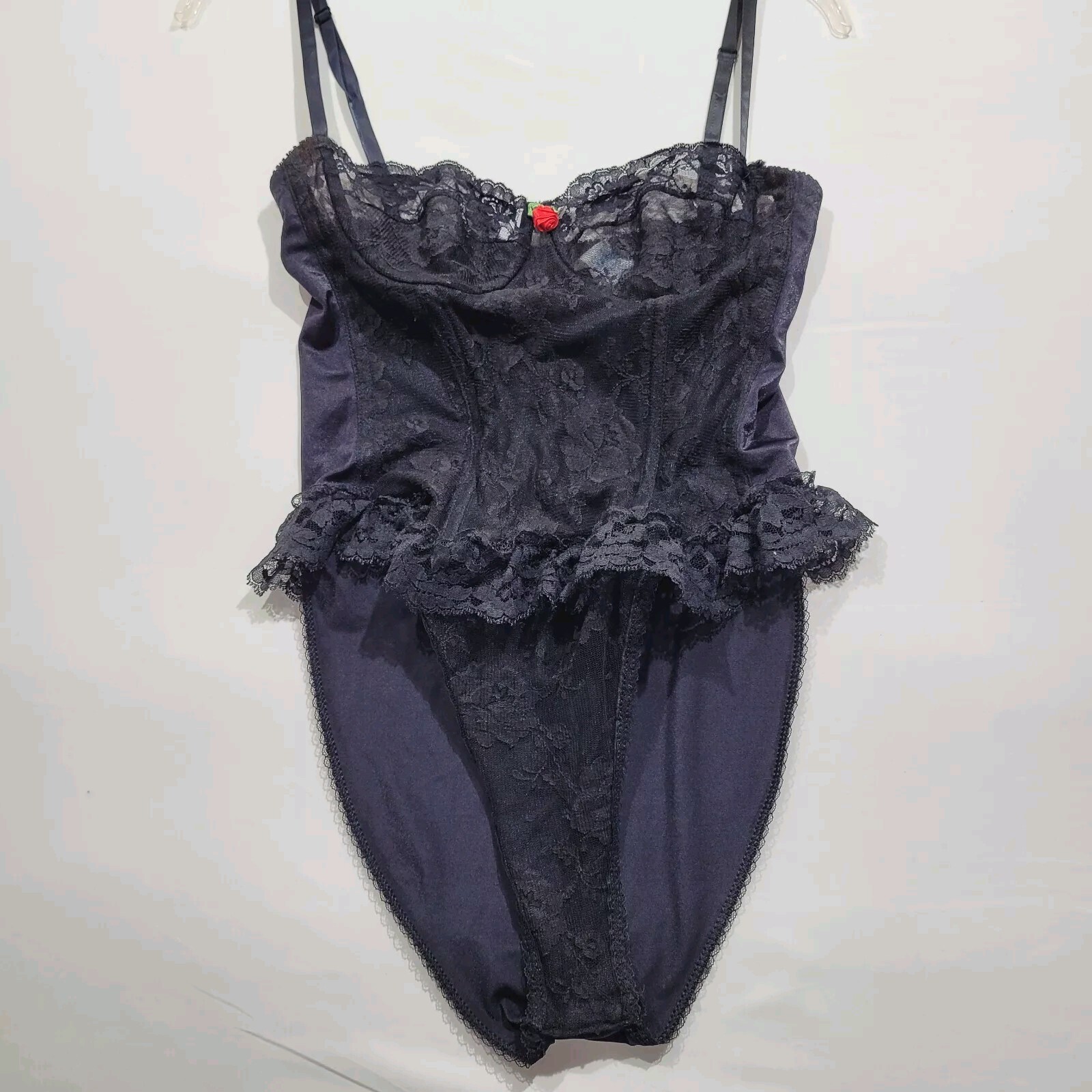 Shirley Of Hollywood Teddy Womens L Black Nylon Lace Sexy Made In USA