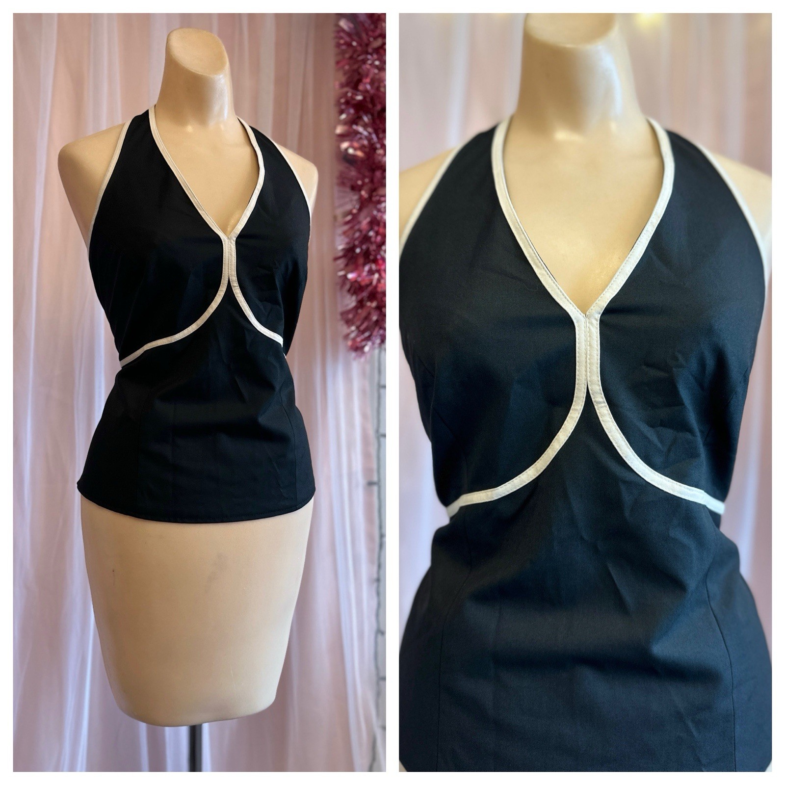Vintage 90s Y2K Halter Top Black White Stretchy 2000s Minimalist Open Back L/XL