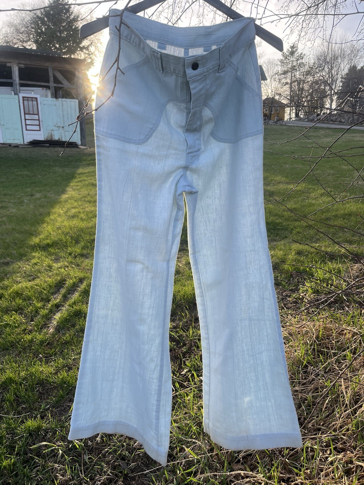 VTG 70s Rumble Seats by Wilkins Light Blue Bell Bottom Pants Distressed 29×30