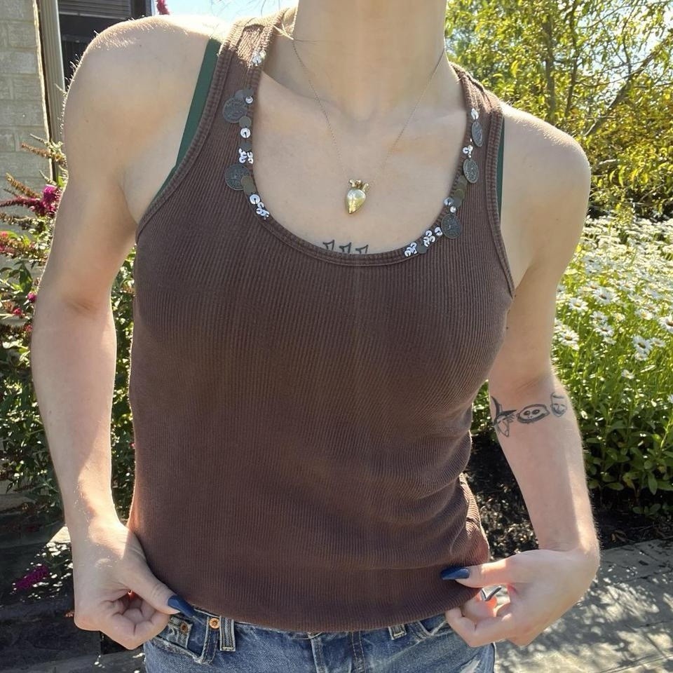 Vintage Self Esteem Tank Top Medium Brown Sequin Y2K McBling Boho Indie 00s