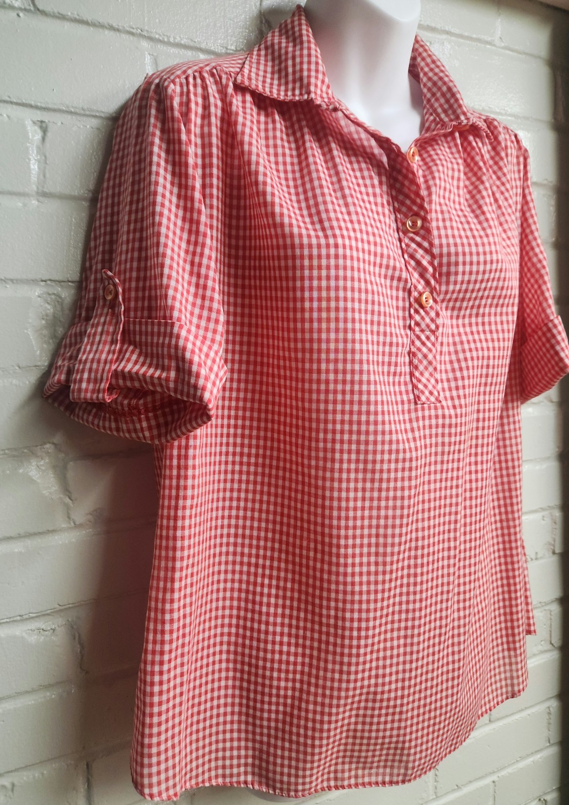 VTG 60’s Miss Fashionality Red Gingham Tab Sleeve Rockabilly Shirt/Blouse M/L