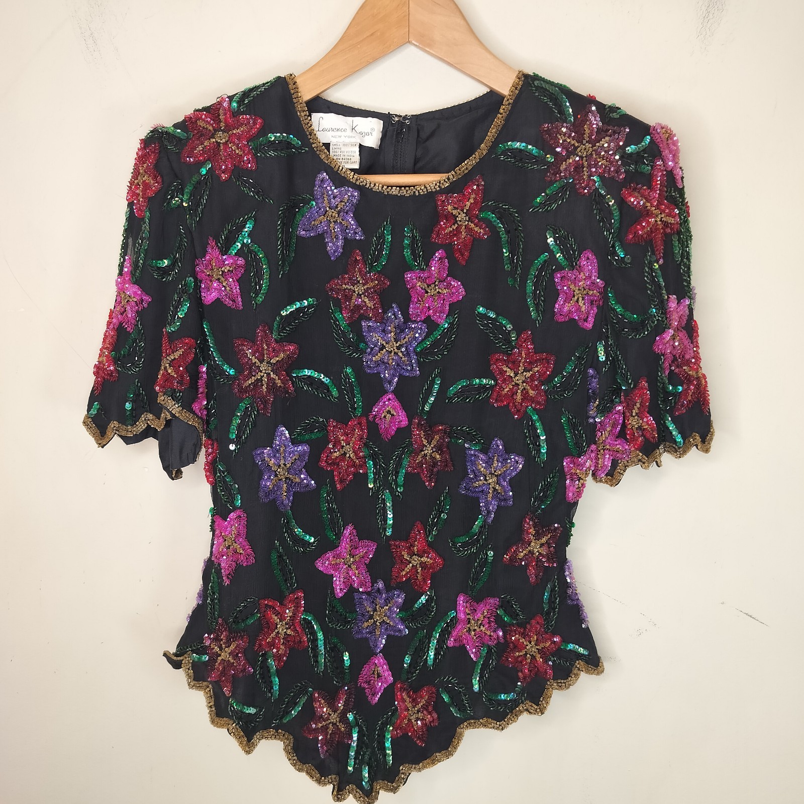 Laurence Kazar Silk Sequin Beaded Floral Top S/M Women’s Art Evening Statement