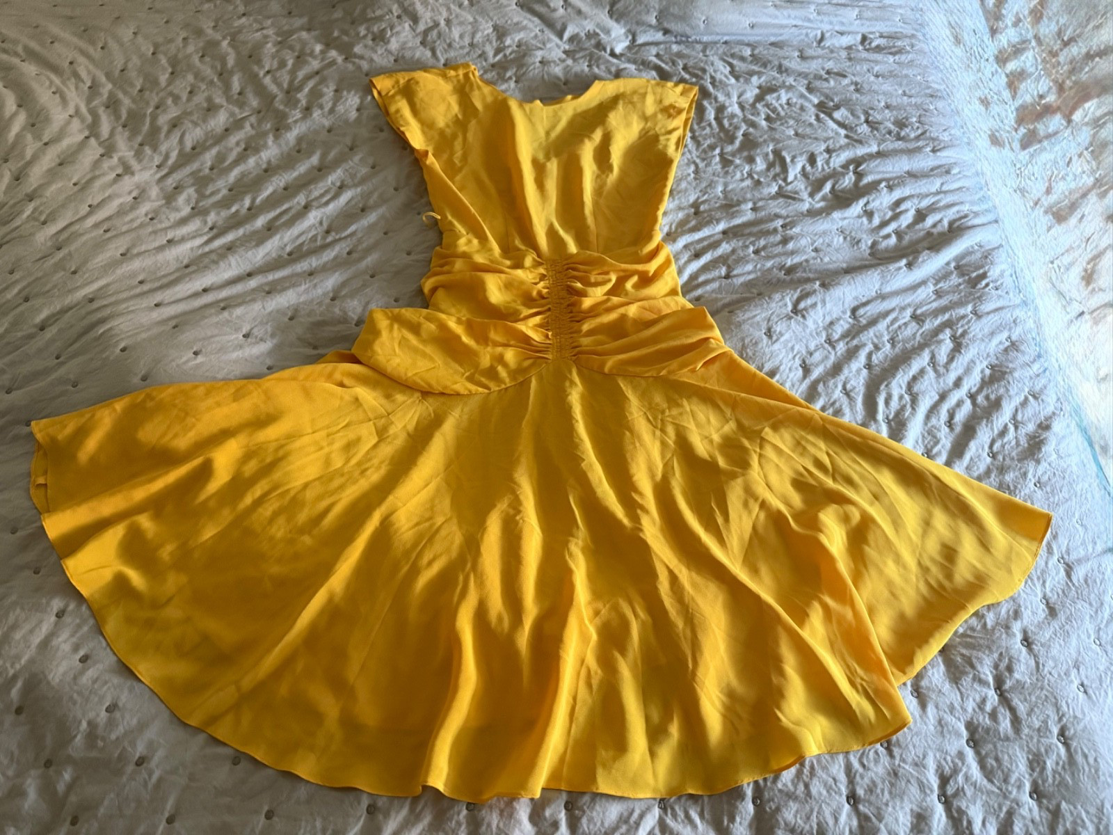 VTG 1980’S RETRO JONI BLAIR YELLOW SHOULDER PADS RAYON MIDI DRESS 8 Medium