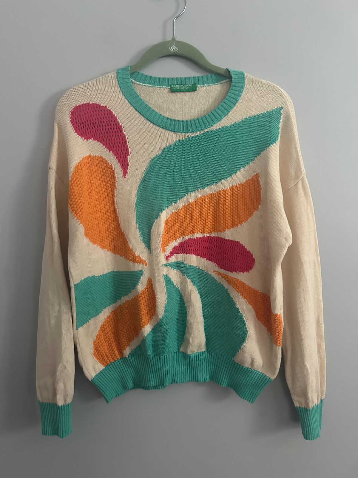 Vintage 80s 90s UCB Benetton Abstract Pinwheel Sweater Med 100% Cotton Italy
