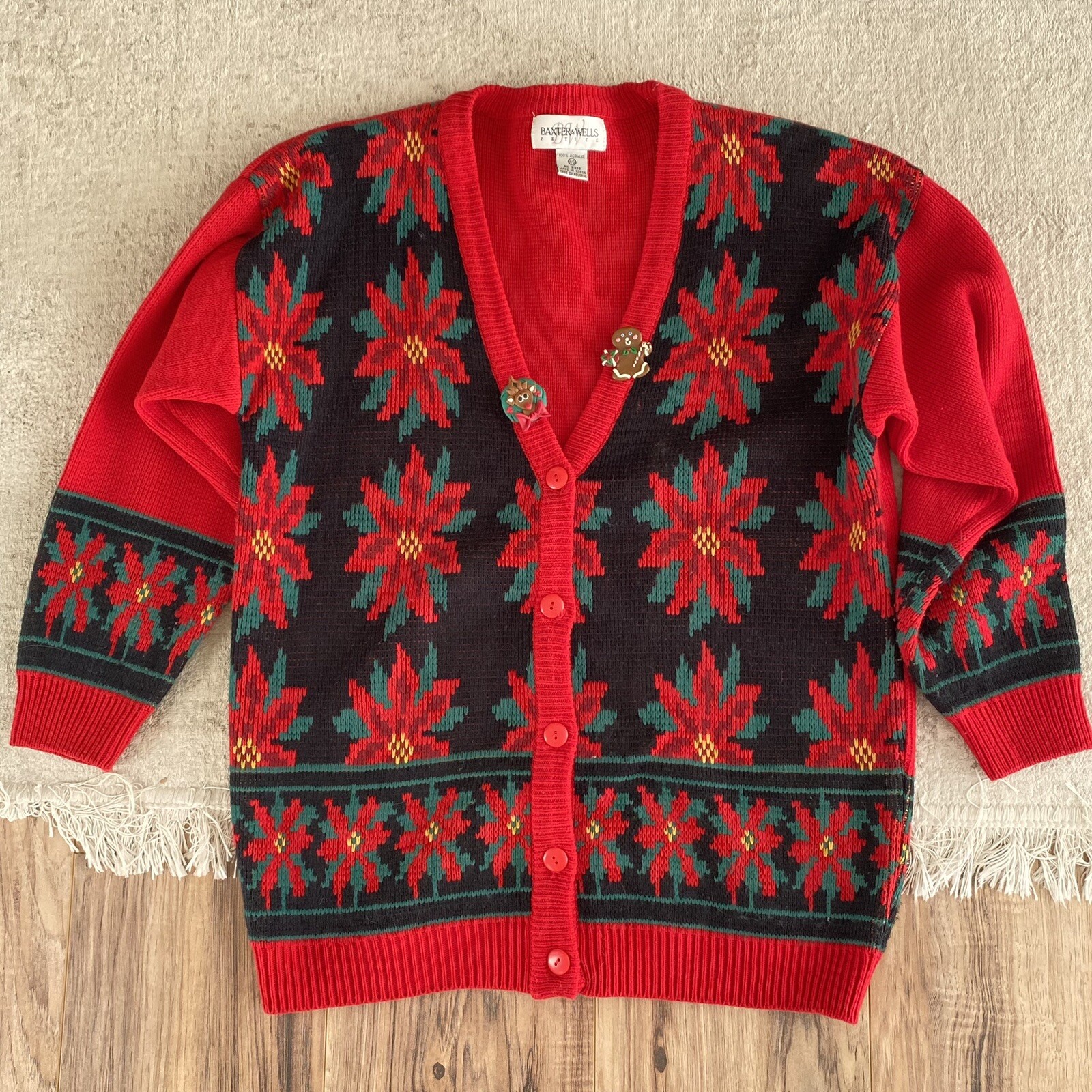 Baxter & Wells Vintage Christmas Holiday Cardigan Sweater + Brooches! Size P/S