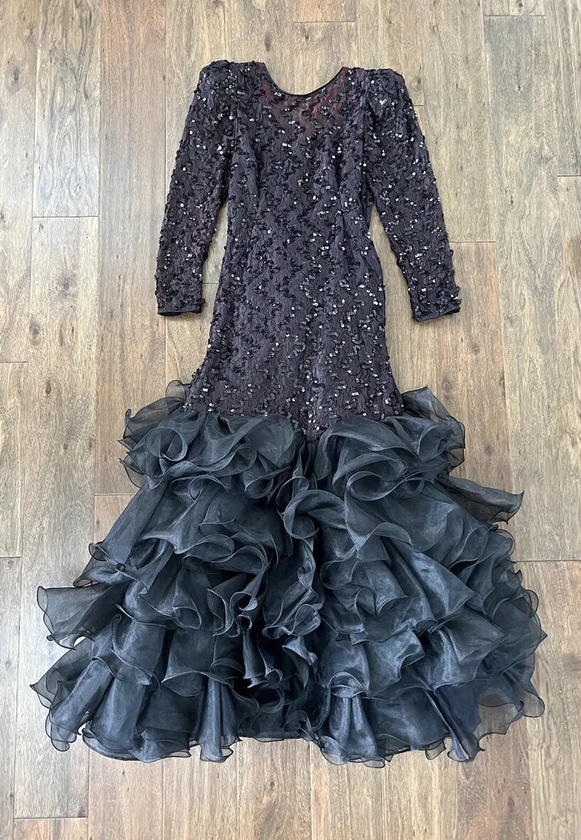 Vintage 80’s Prom Dress Julie Duroche Sequin Tiered Ruffles Party Gown Goth Glam