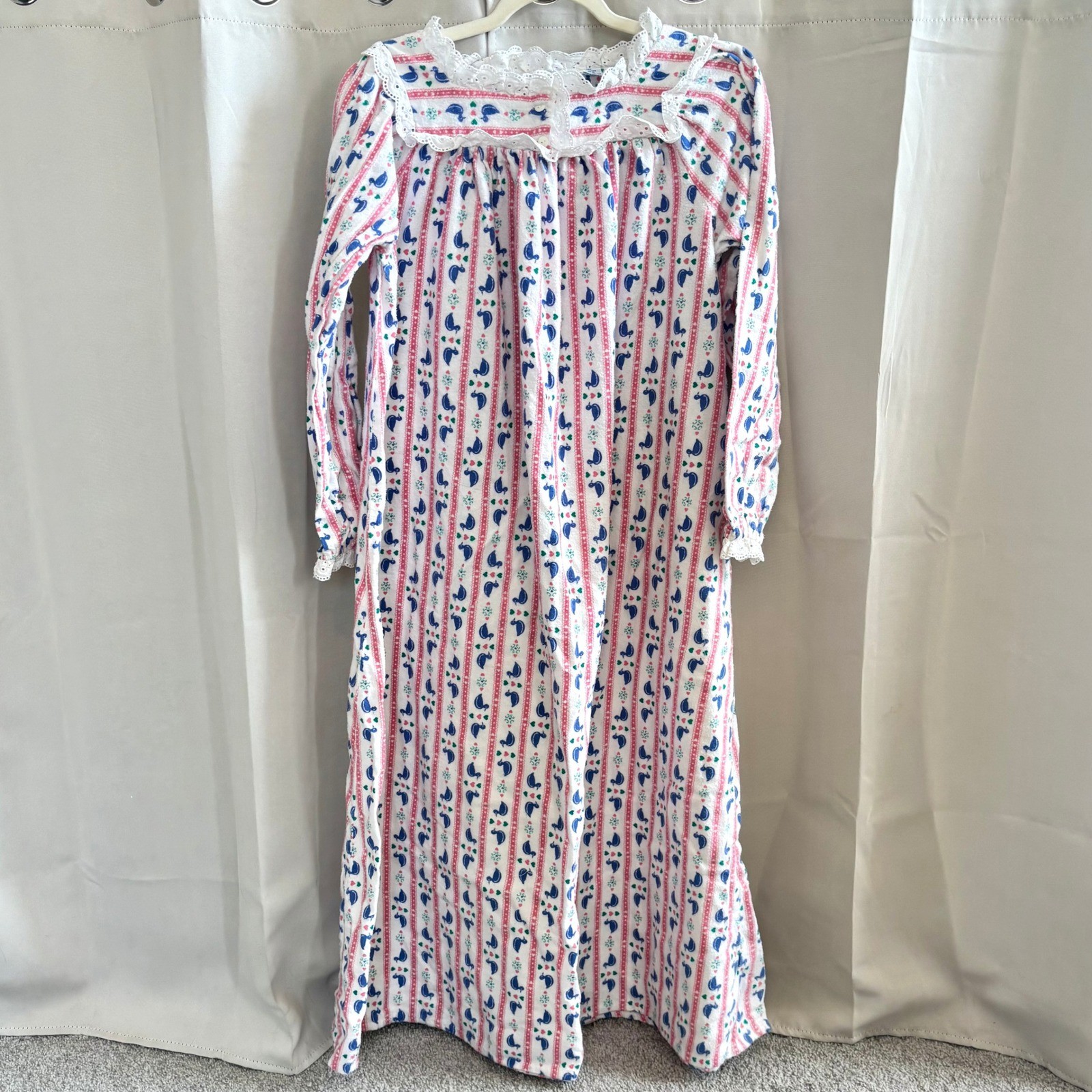 Vtg Northern Isles Nightgown XL Duck Heart Stripe Lace Cottage Traditional 20398