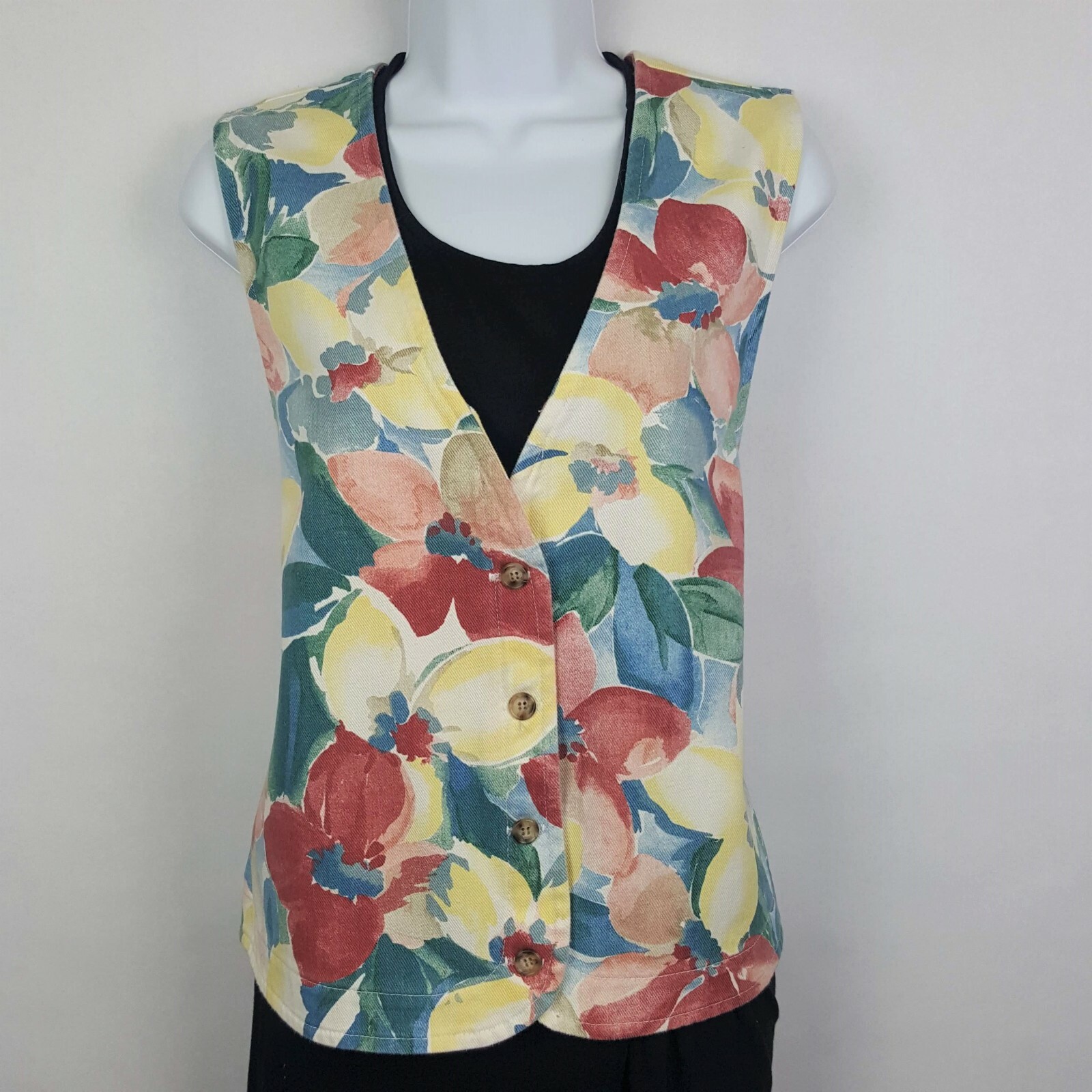Vintage 90s Orvis Floral Print Denim Vest Watercolor Flowers Sz L Made in USA