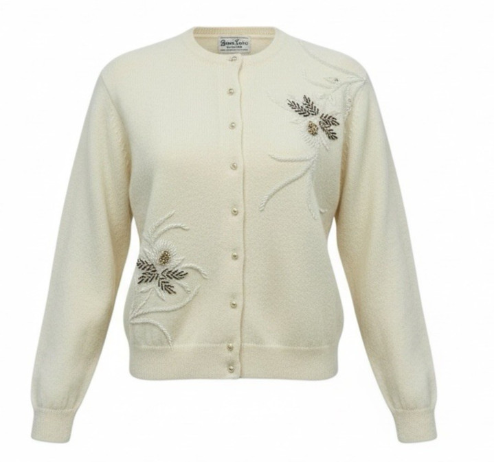Vintage Hand Beaded Cardigan Sweater Pearl Buttons sz S Made In Hong Kong