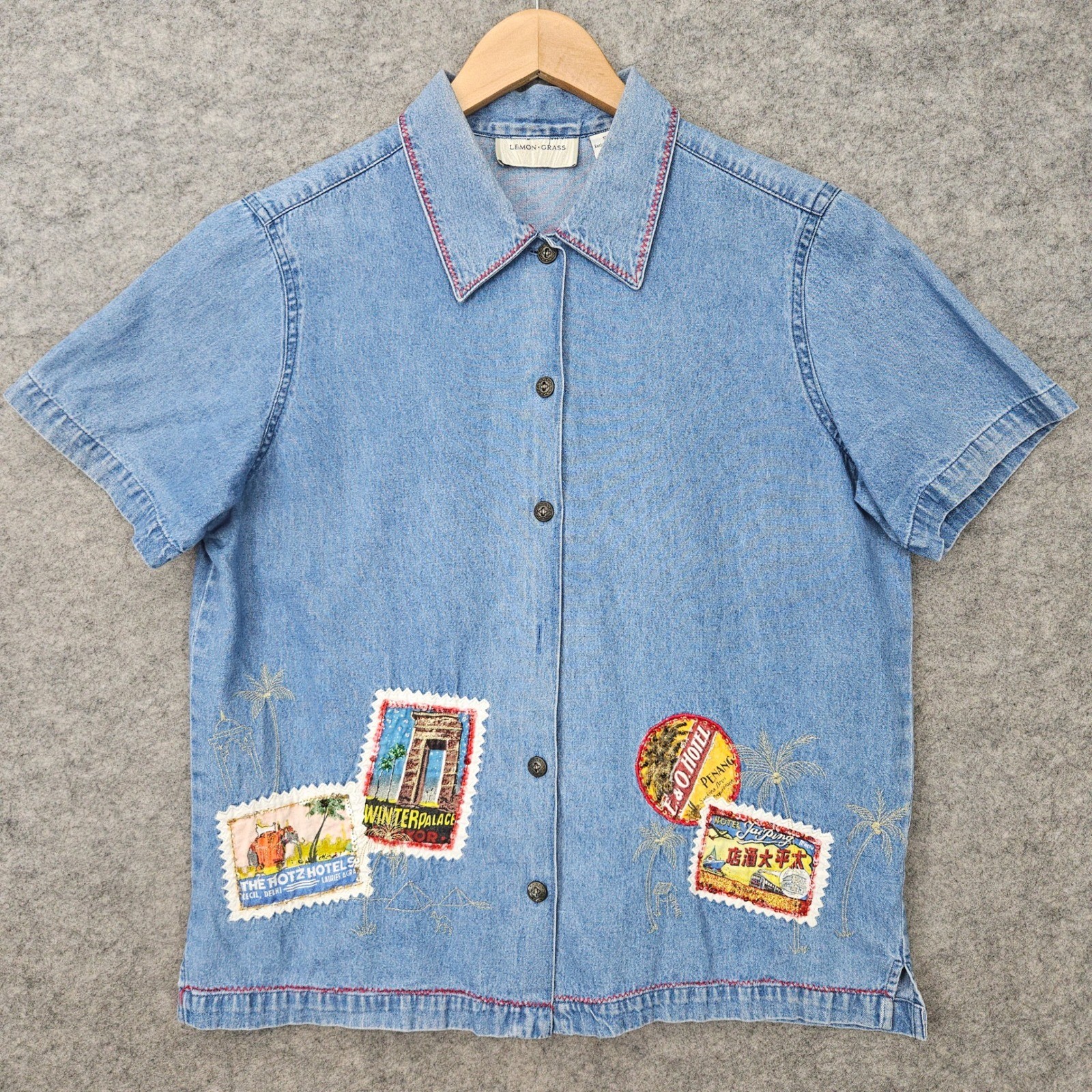 Lemon Grass Denim Shirt Womens Small Blue Short Sleeve Travel Stamp Patches FLAW