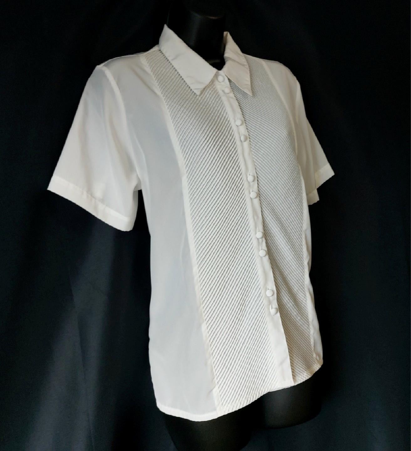 PINTUCKED IVORY WHITE Vintage 1970s Short Sleeve SECRETARY BLOUSE TOP L / XL