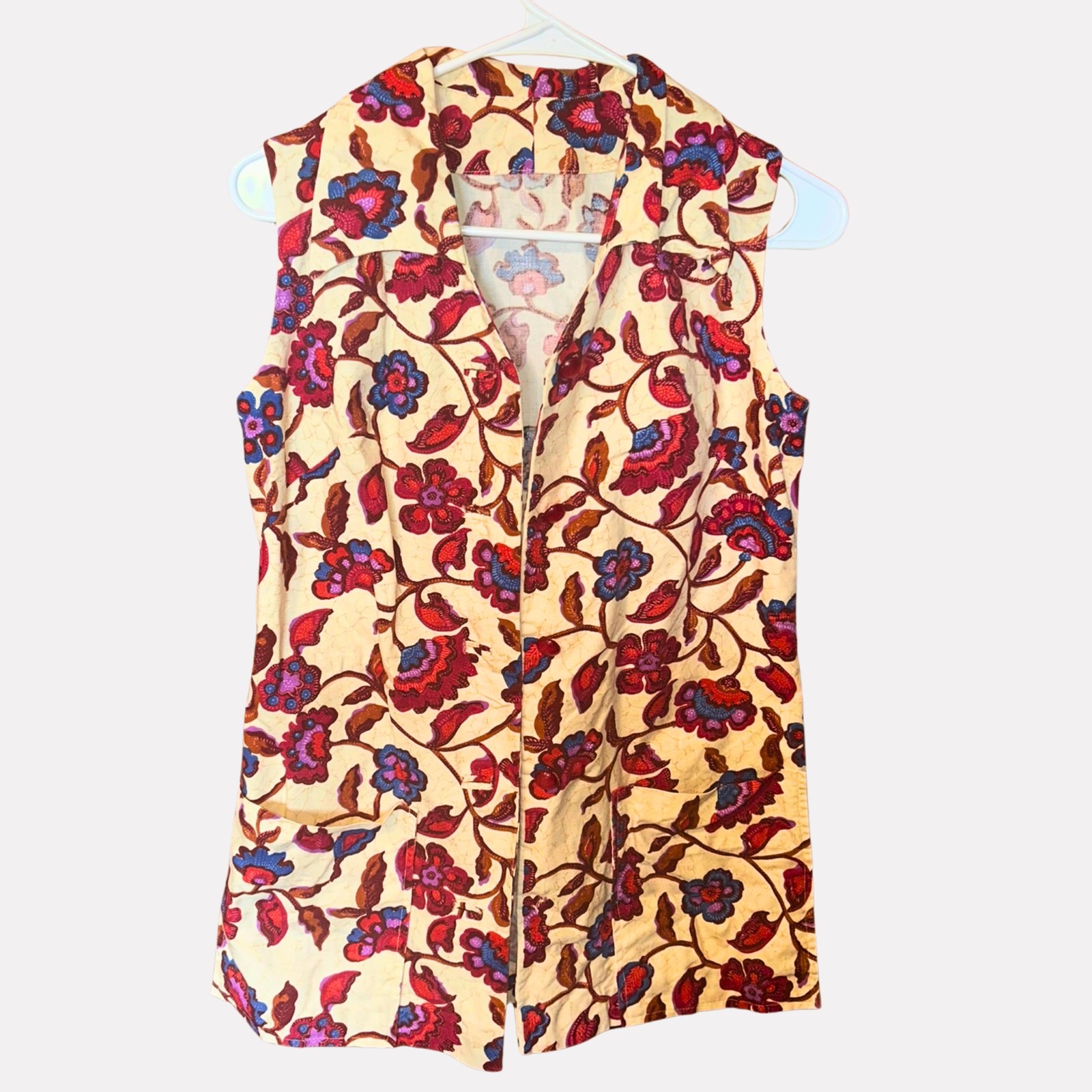 Vintage Paisley Floral Button Vest Small Boho 70s Style No Brand Tag Neutral Tan