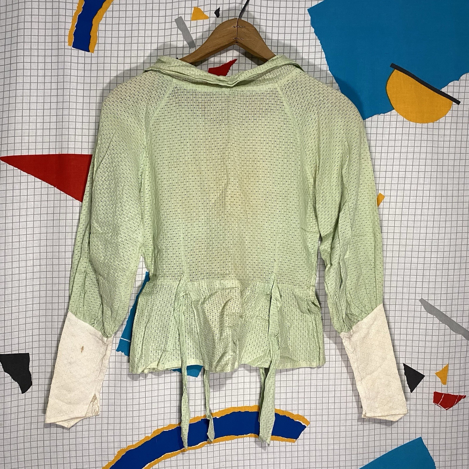 Vintage 1910s Blouse Eyelet Lace Green Cotton Sheer Victorian Edwardian Ties 20s
