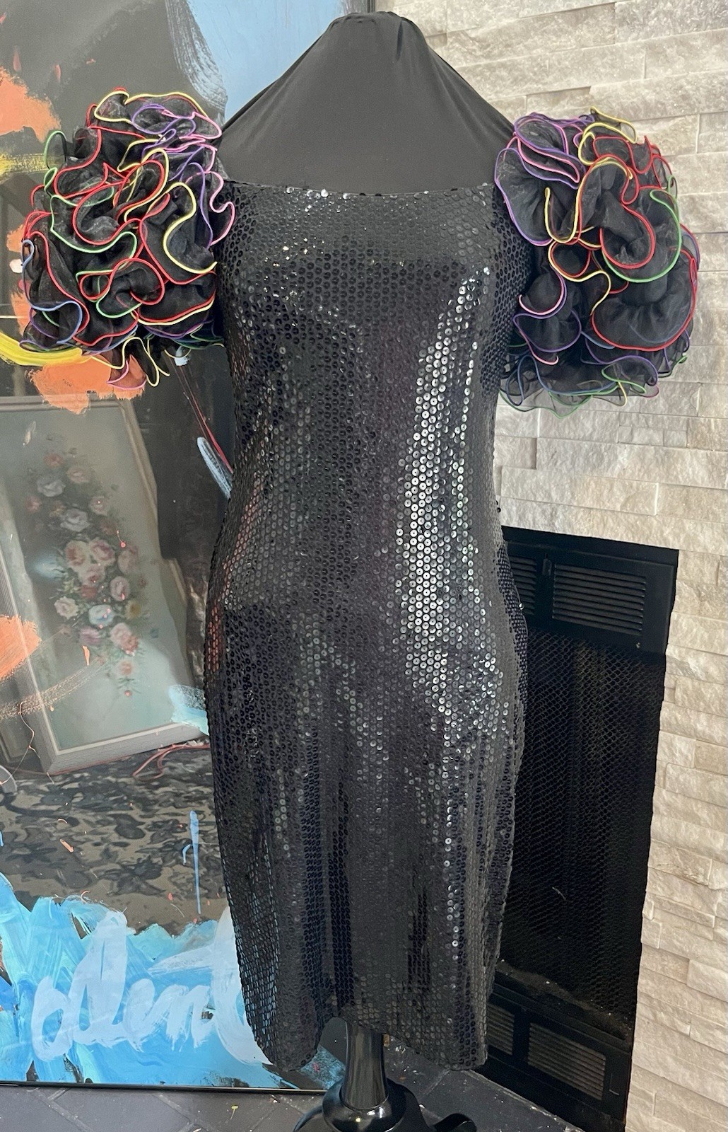 VTG 1980s Black Sequin Colorful Puff Sleeve By Cattiva Size 10 Dynasty