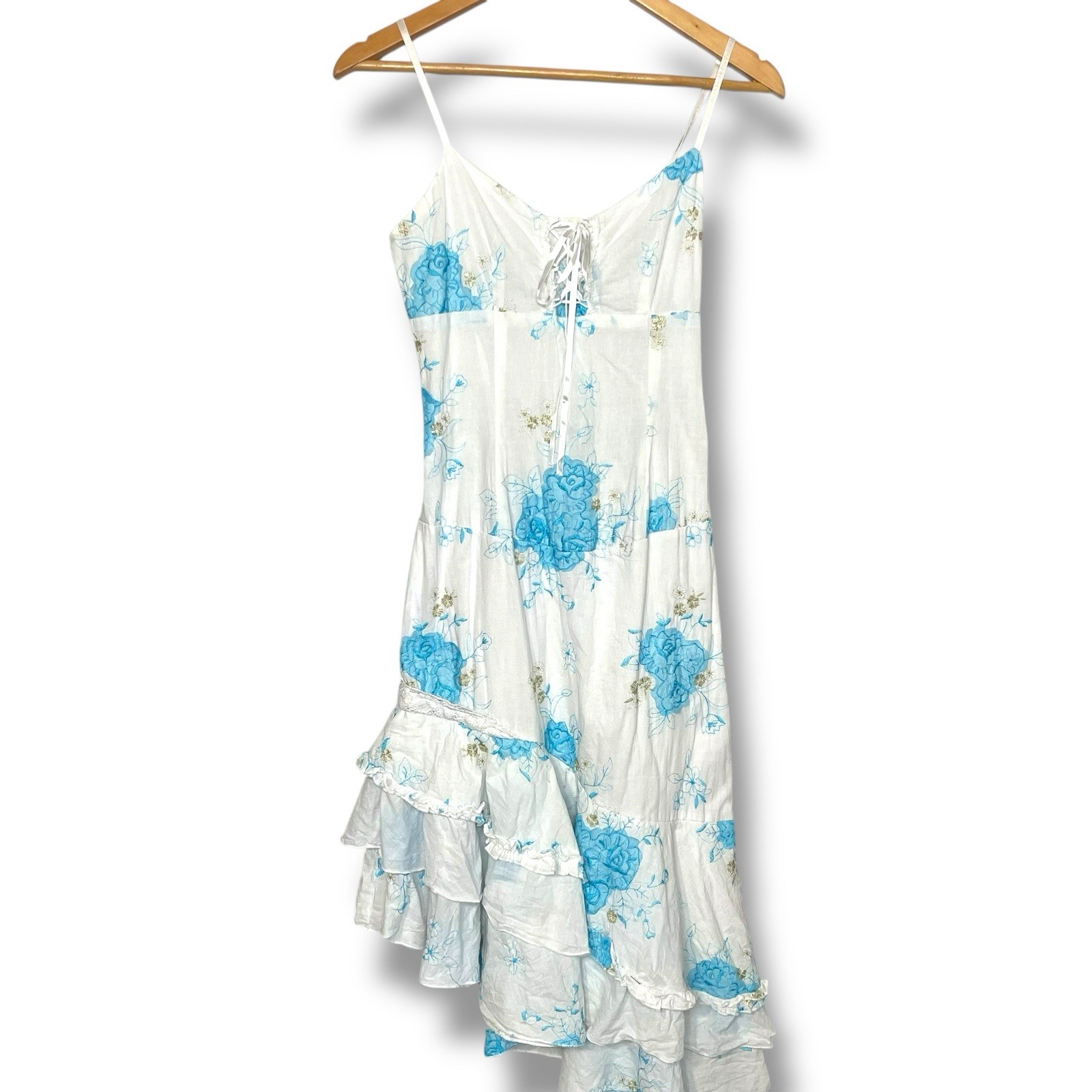 Vintage Griffin Paris Cottagecore Midi Dress Blue Floral Ruffle Hem Lace-Up Bust