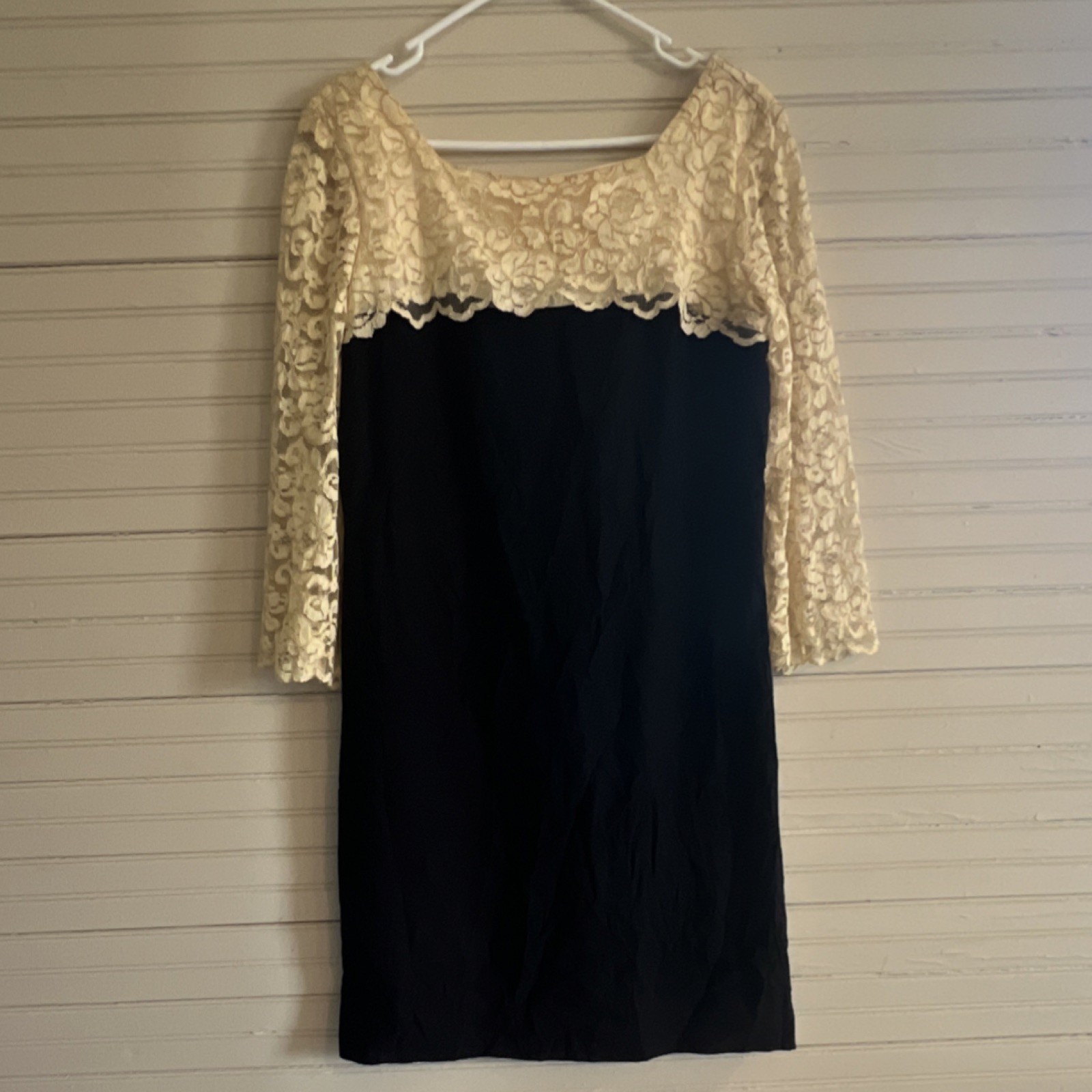 ILGWU 1960s Black Ivory Lace Sheath Dress Satin Eveningwear Formal