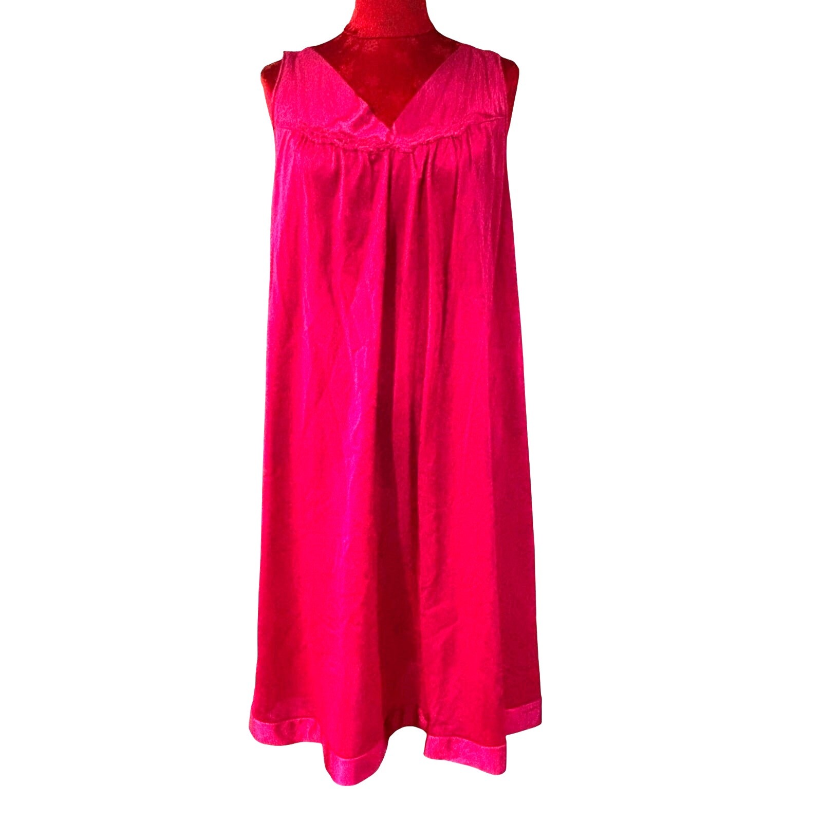 Vintage Vanity Fair silky fushia pink nightie night dress size L lace sleeveless
