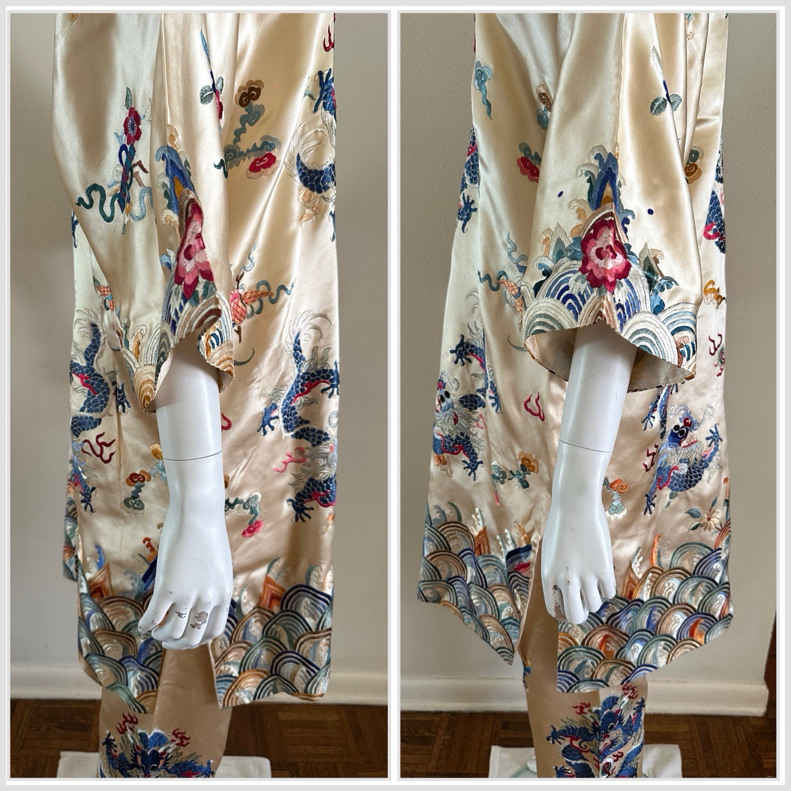 1930s 2pc Chinese Silk Satin Embroidered Dragon Lishui Wave Robe Pants Set Talon