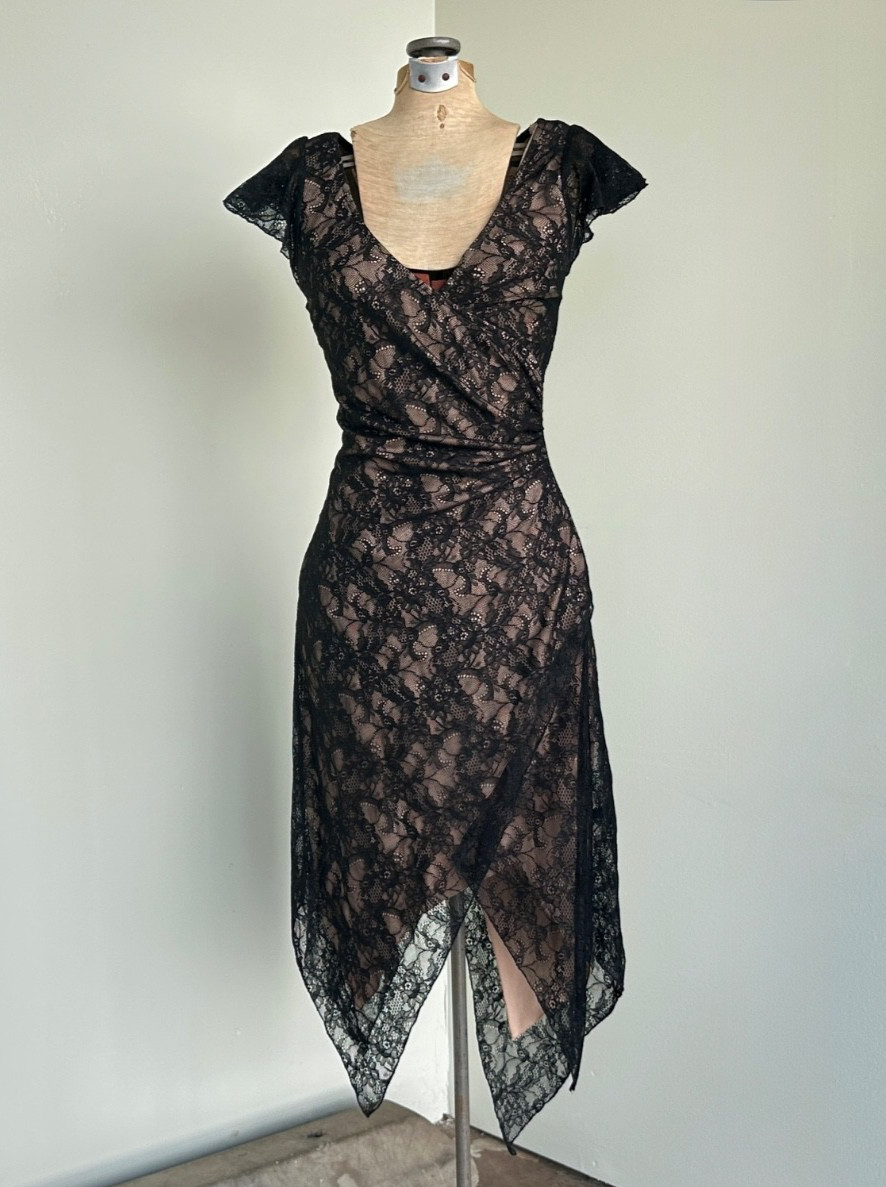 Bebe 90s Black Lace Wrap Dress Size XS xsmall Vintage Asymmetrical Bodycon Dress