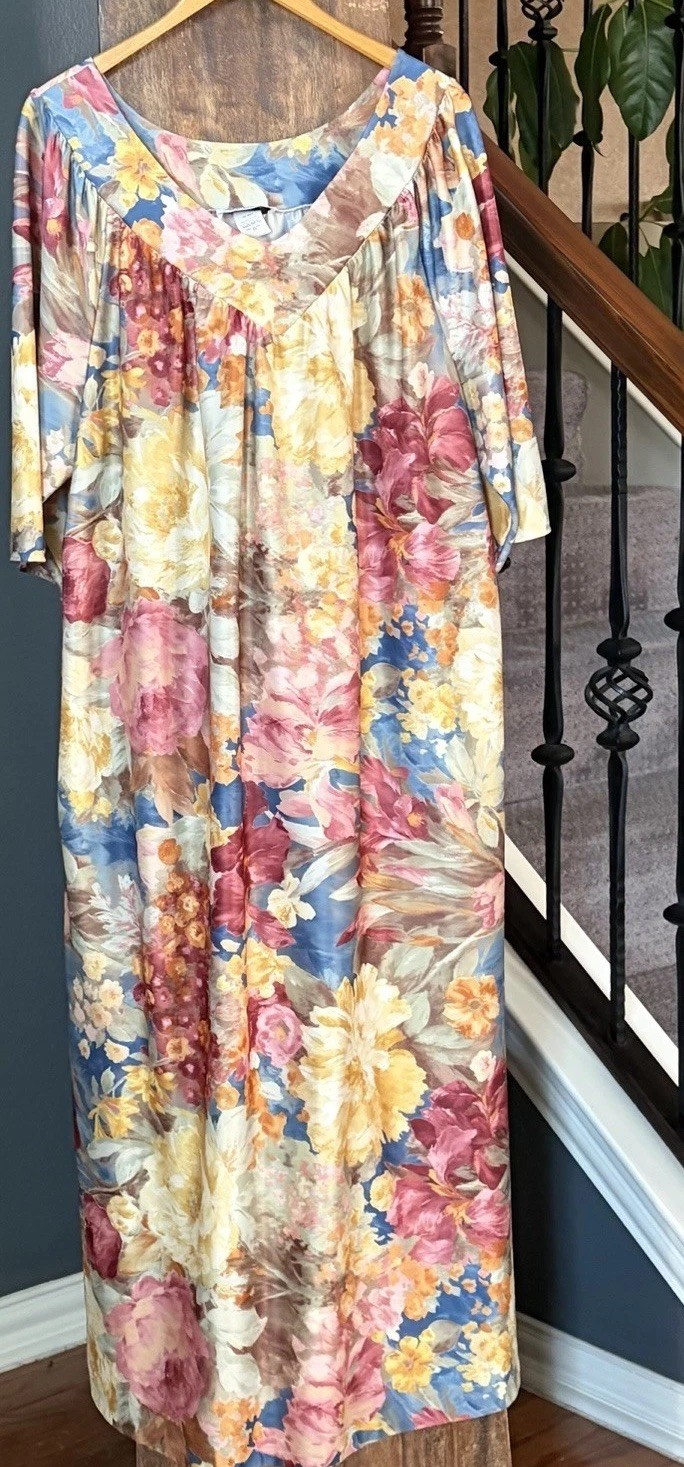 VTG Metropolitan Mumu Tent Dress Caftan Warm Tone Floral Print Size 1X 1 Pocket