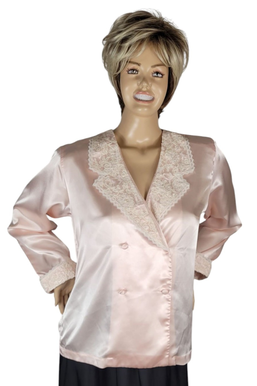 Vintage Amanda Smith Soft Pink Poly Satin Lace & Pearl Button Up Blouse Top M