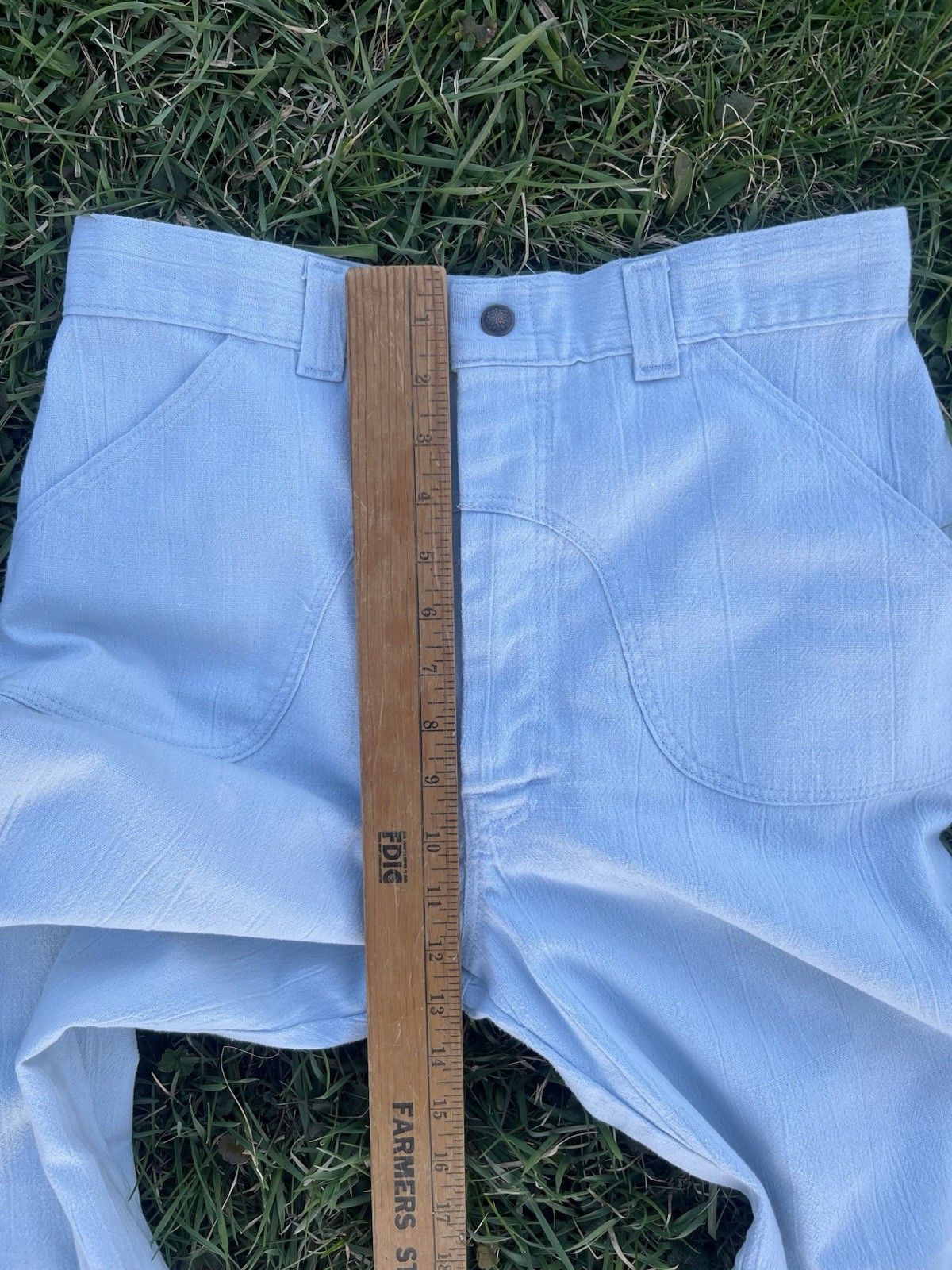 VTG 70s Rumble Seats by Wilkins Light Blue Bell Bottom Pants Distressed 29×30