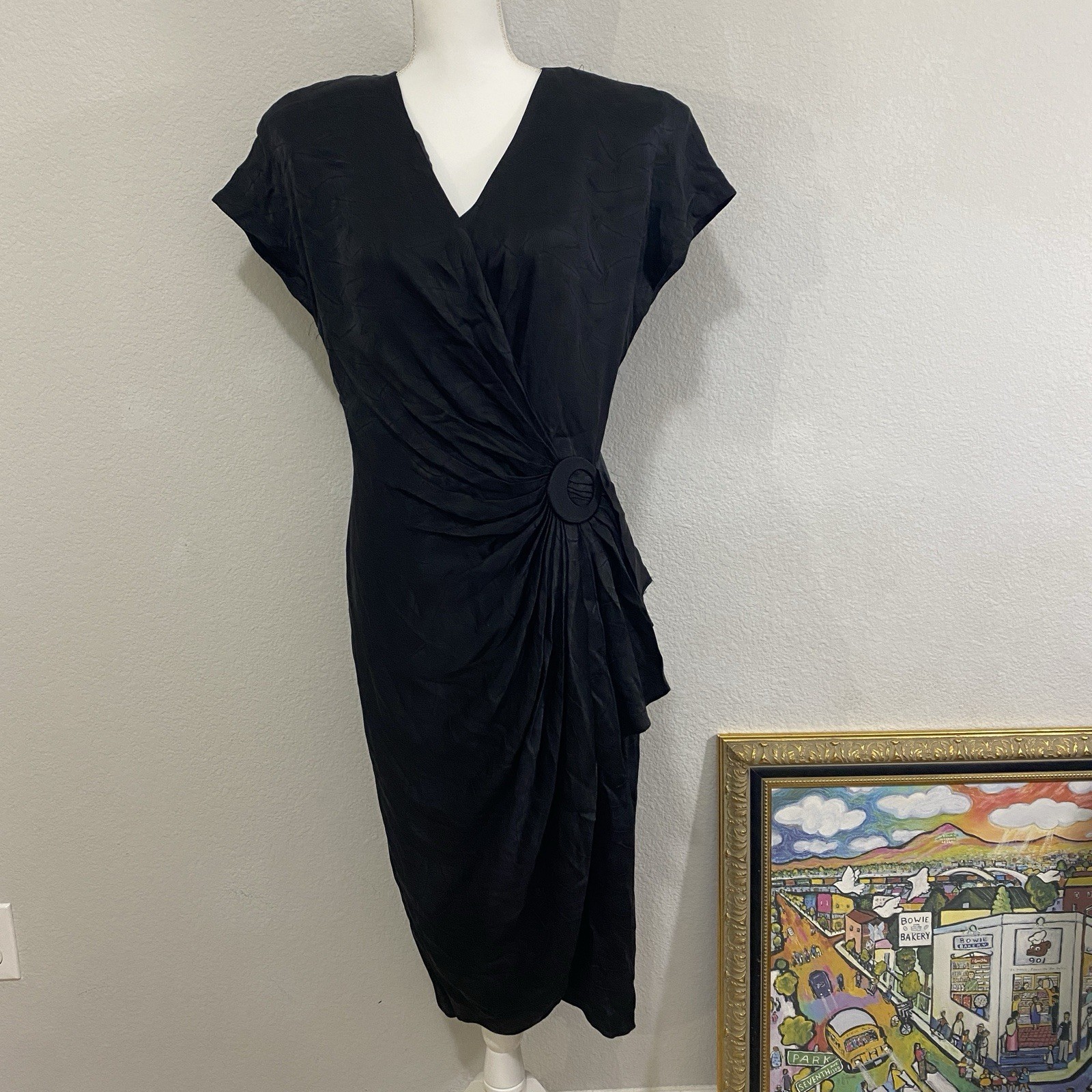 Vintage SILKS By St Gillian 100% Silk Black Dress, Gathered Side Detail, Size 12
