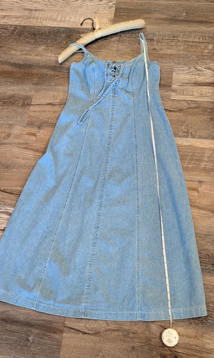 1990s Vintage MODA lNT’L 100% Cotton Denim Dress Sz 8 Drawstring Front Sexy Mom