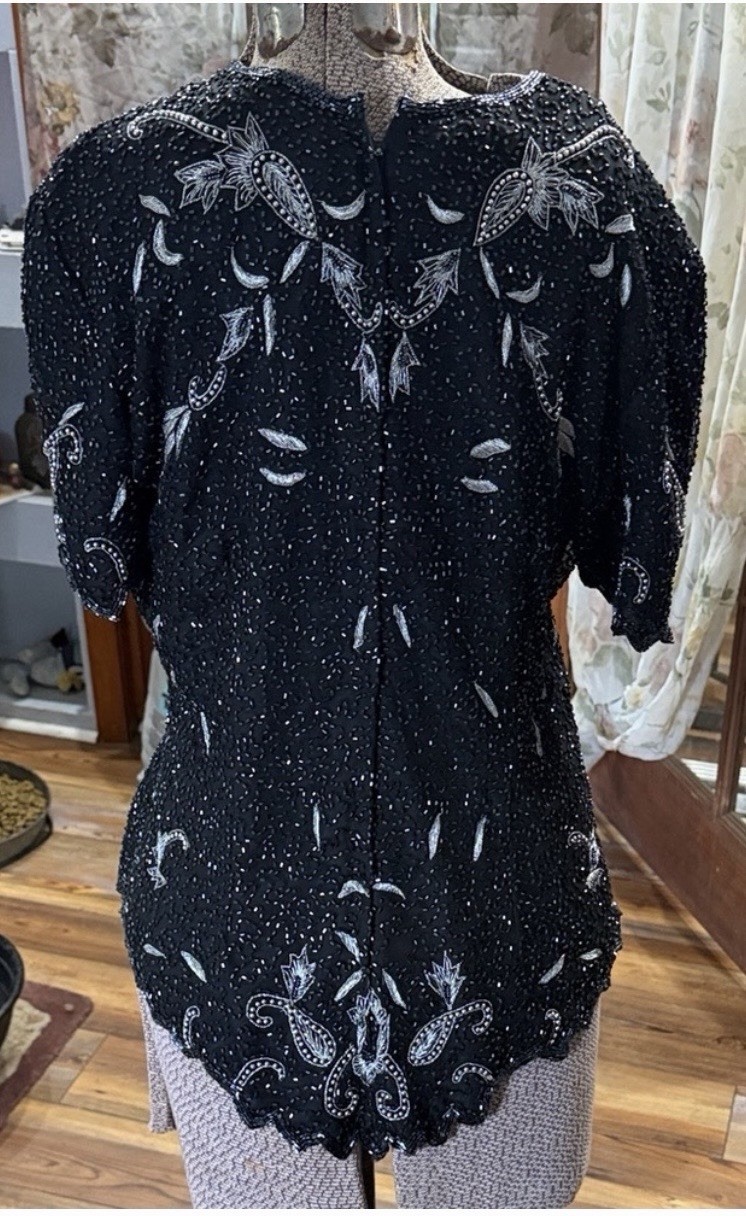 Stenay Beaded Embellished Silk Evening Shirt Black Silver Size L