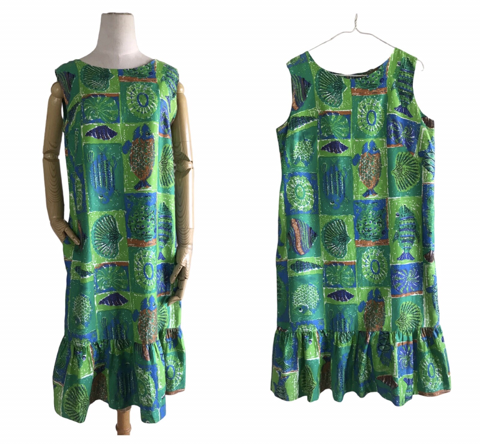 vintage alice of california dress 60s Mod Tiki Seashells Fish Print Size M