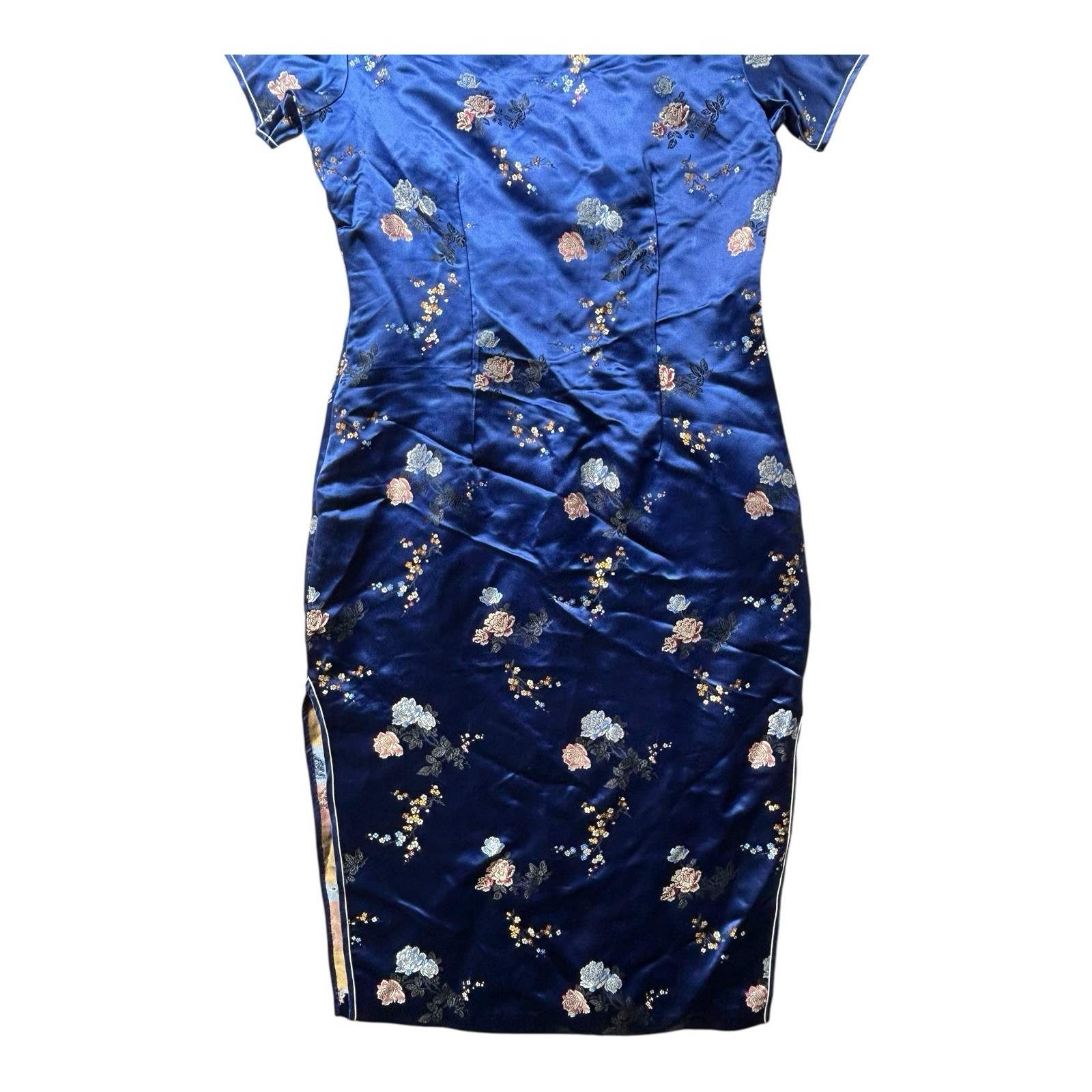 Vintage Solz Squirrel Blue Floral Satin Cheongsam Dress Women’s Size 38