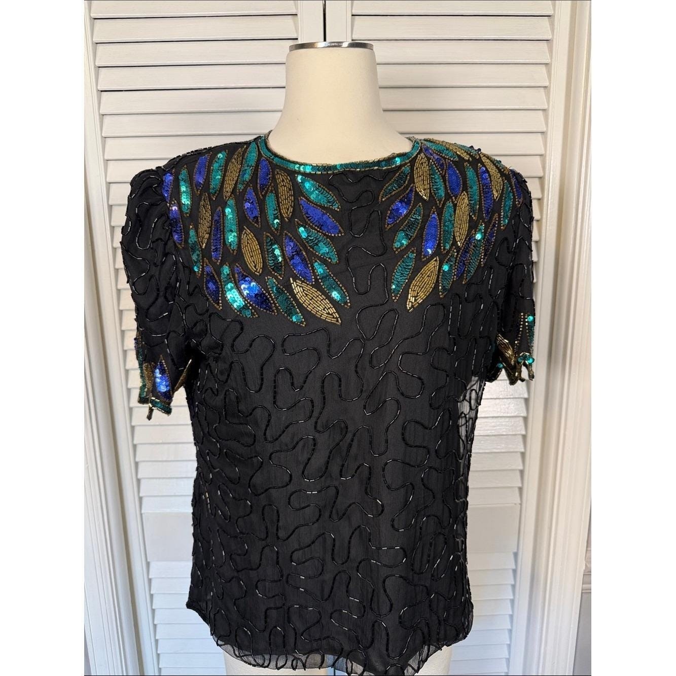 Vintage 80s Denise Elle Silk Beaded Sequin Peacock Blouse – Large