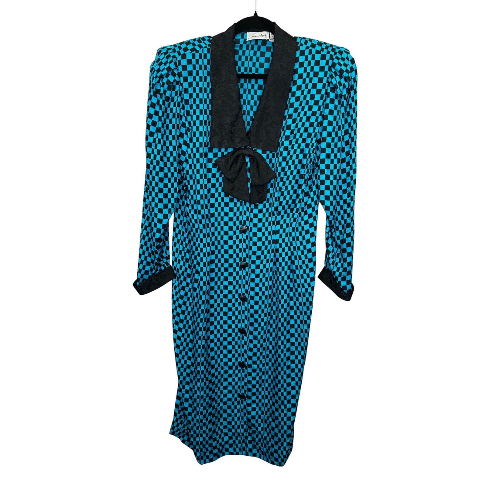 Adrianna Papell 80s 90s Silk Checkerboard Dress Teal Black Bow Vintage Size 14