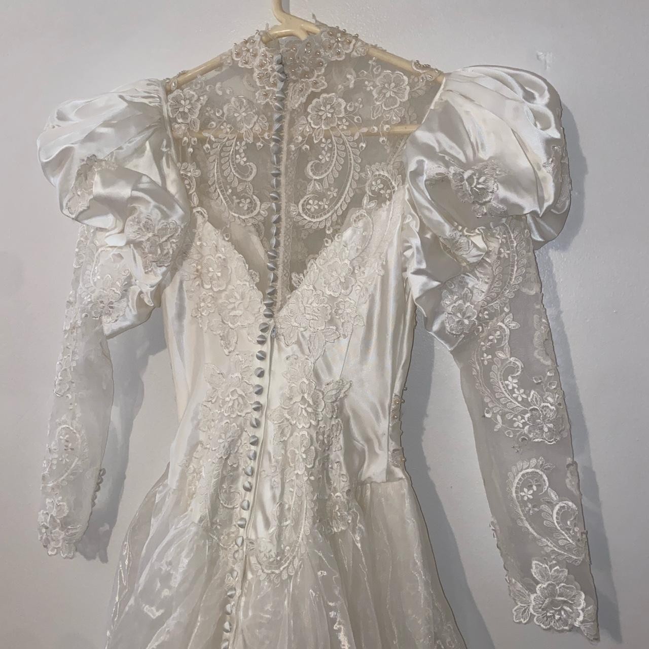 Vintage Mary’s Bridal Wedding Dress Size 10 White Beaded Satin Puff Sleeve NWT