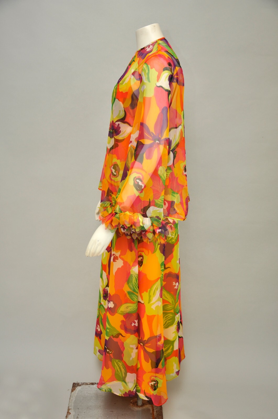 Vintage 1970s LEO NARDUCCI Floral Chiffon Sleeveless Maxi Dress Shirt Boho XS/S