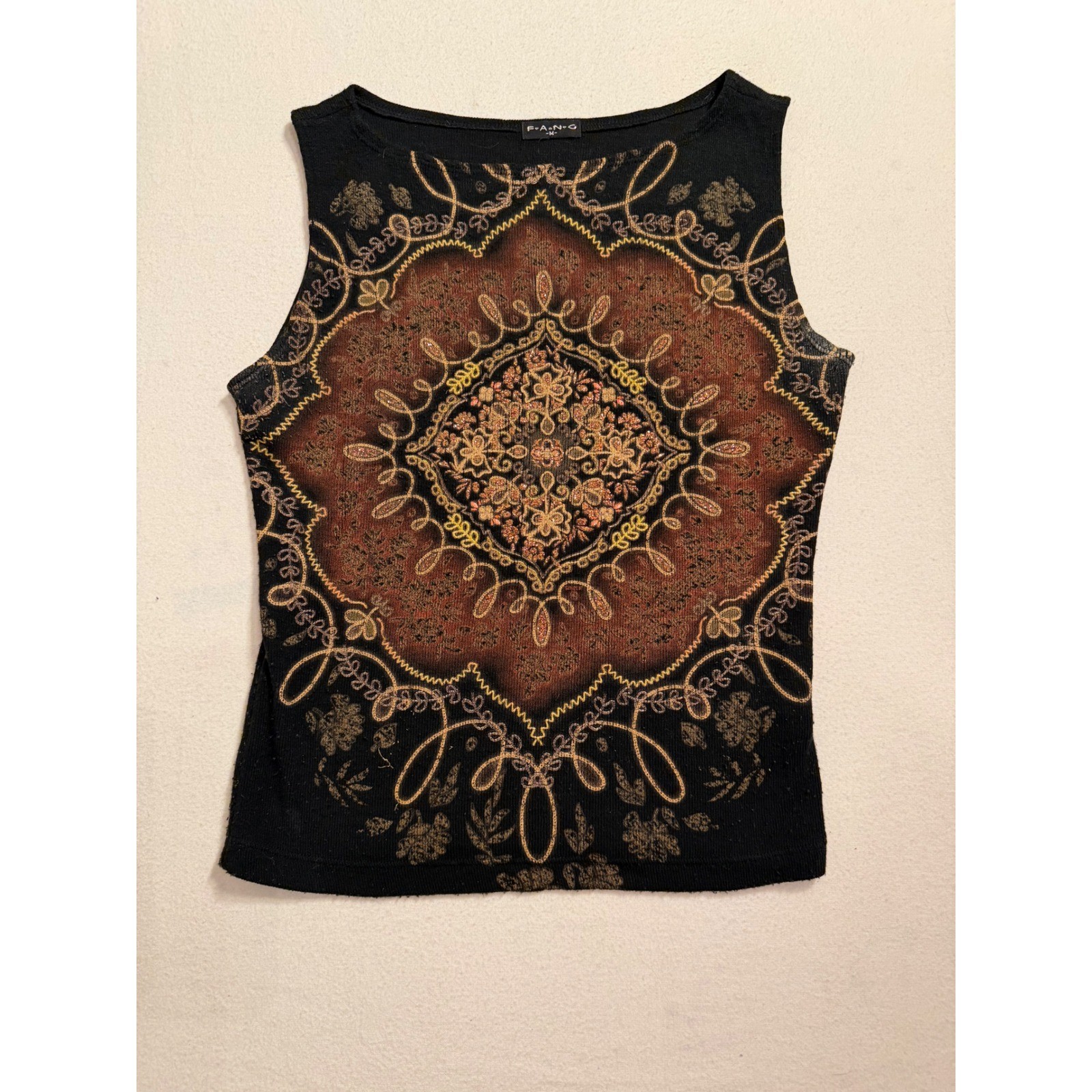 Vintage FANG Medallion Graphic Knit Tank Top Black Brown Y2K Sleeveless M USA