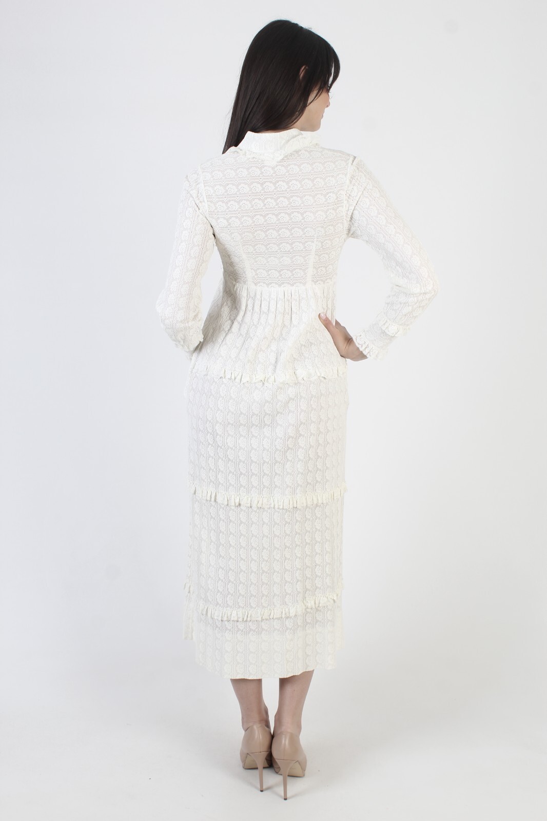 Vintage Plain White Lace Dress Button Up Victorian Tiered Sheer High Waist Midi