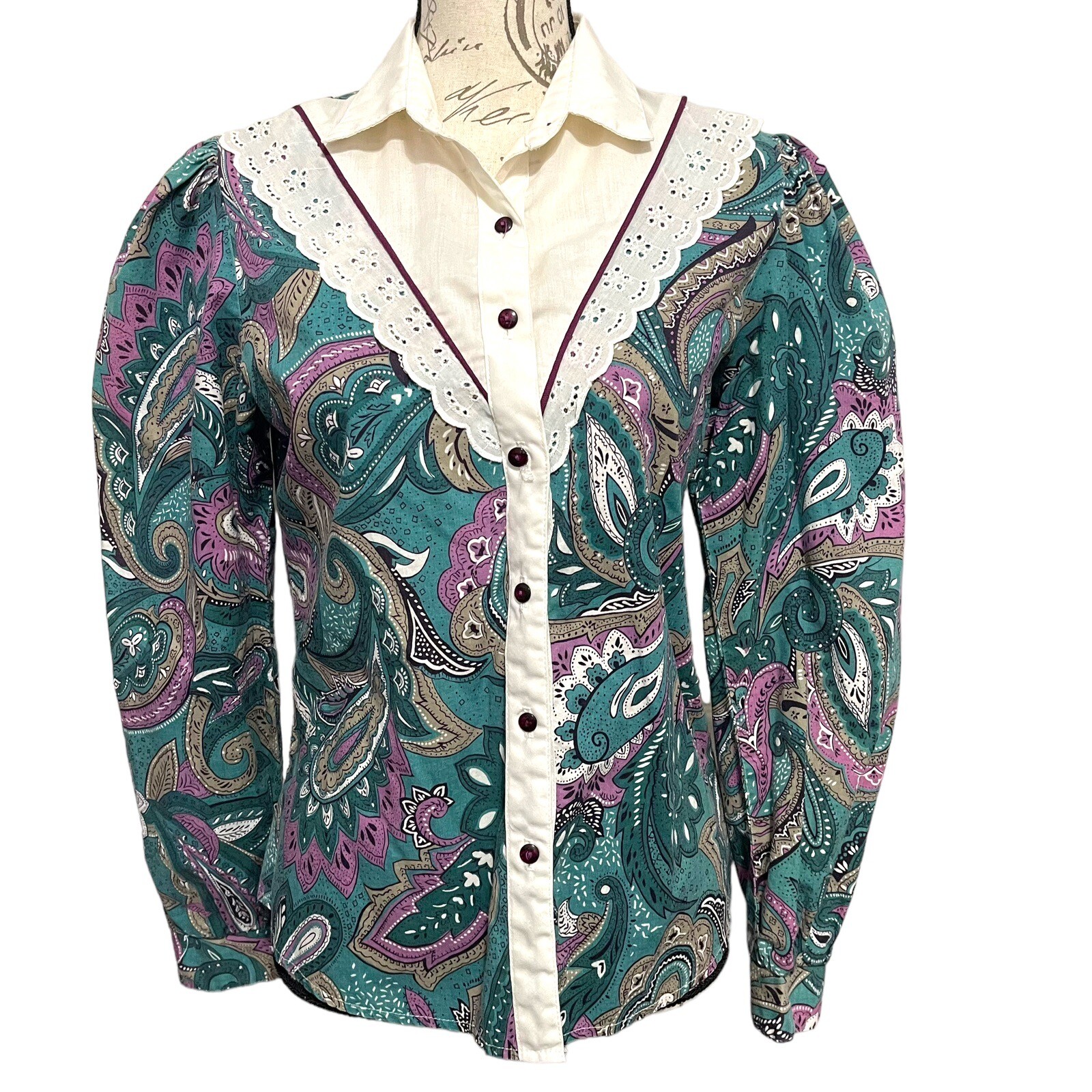 Circle T Paisley Western Shirt Women 9/10 Teal Prairie Cottagecore 80s 90s Boho