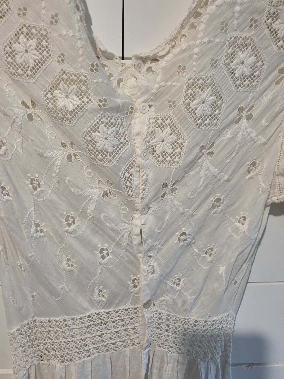 Antique Edwardian White Cotton Lawn Gown Embroidered Eyelet Lace Tea Dress XS