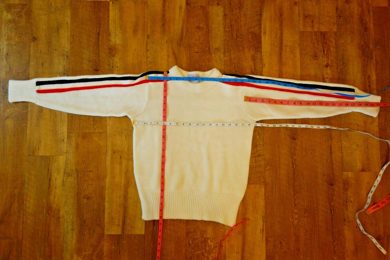 Vintage Logan Knitting Mill Cheerleader Crewneck Sweater Small 100% Orlon White