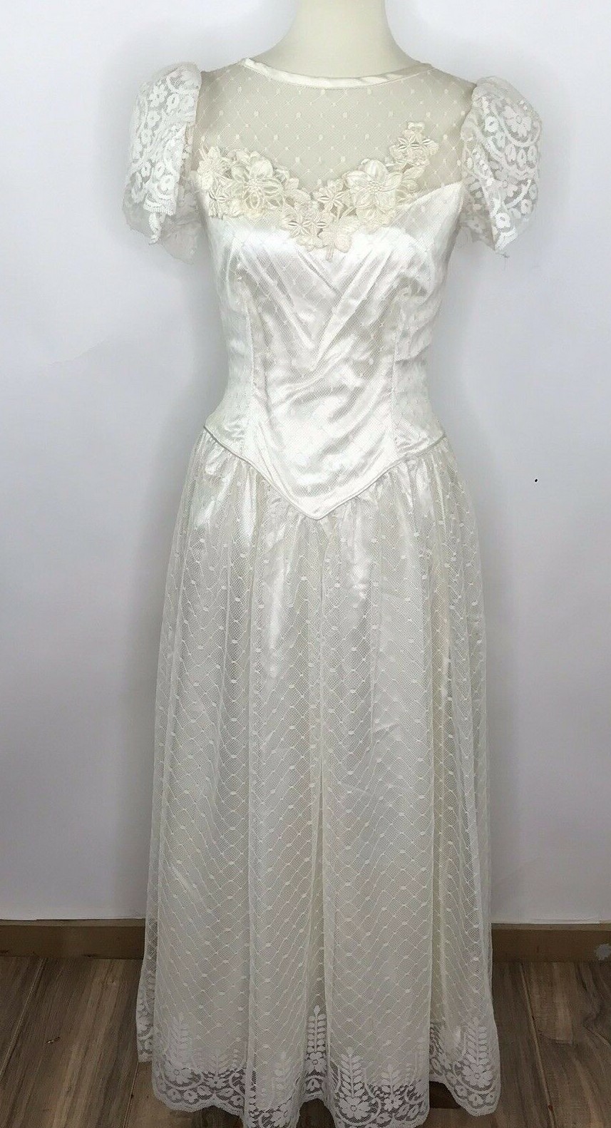 Vintage Lizette Creations Sz 10 Tea Length Dress Ivory Overlay Appliques USA